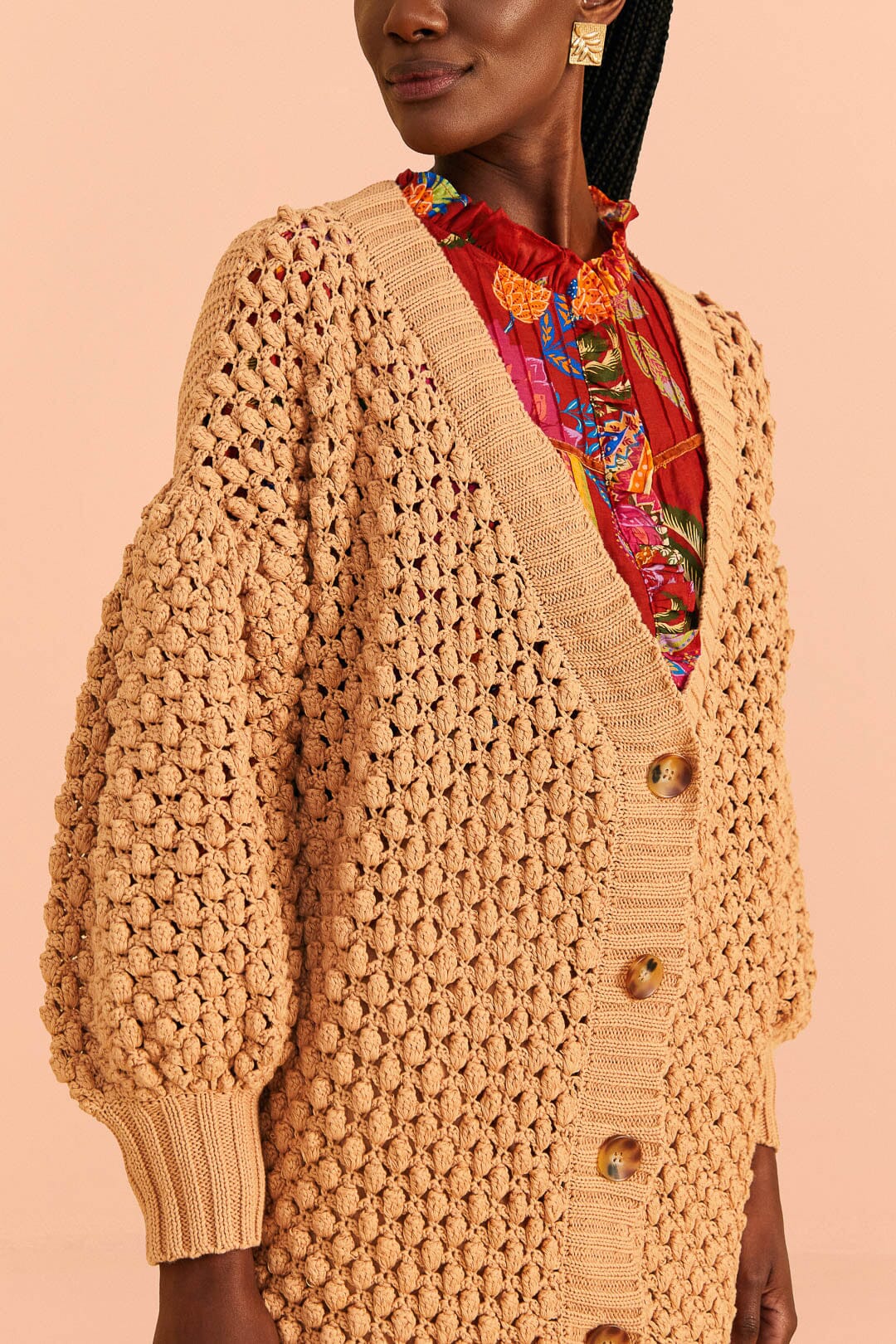 Farm Rio Dark Sand Handmade Dots Cardigan