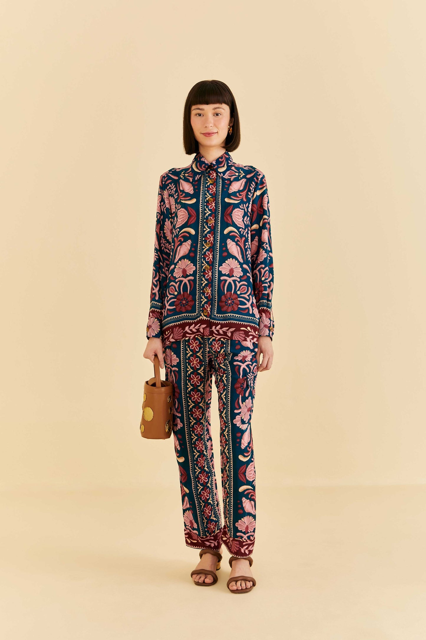 Farm Rio Teal Seashell Tapestry Shirt