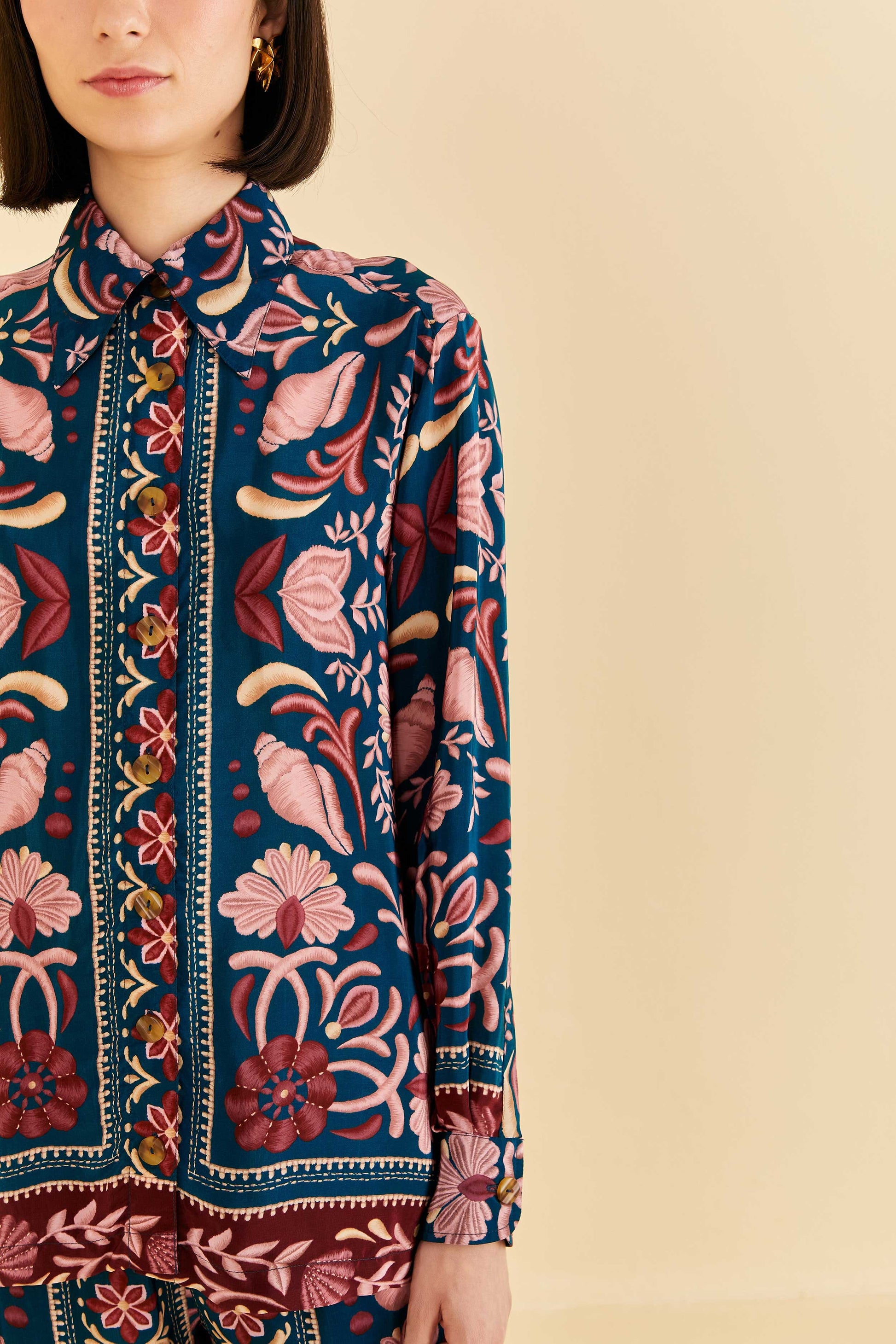 Farm Rio Teal Seashell Tapestry Shirt
