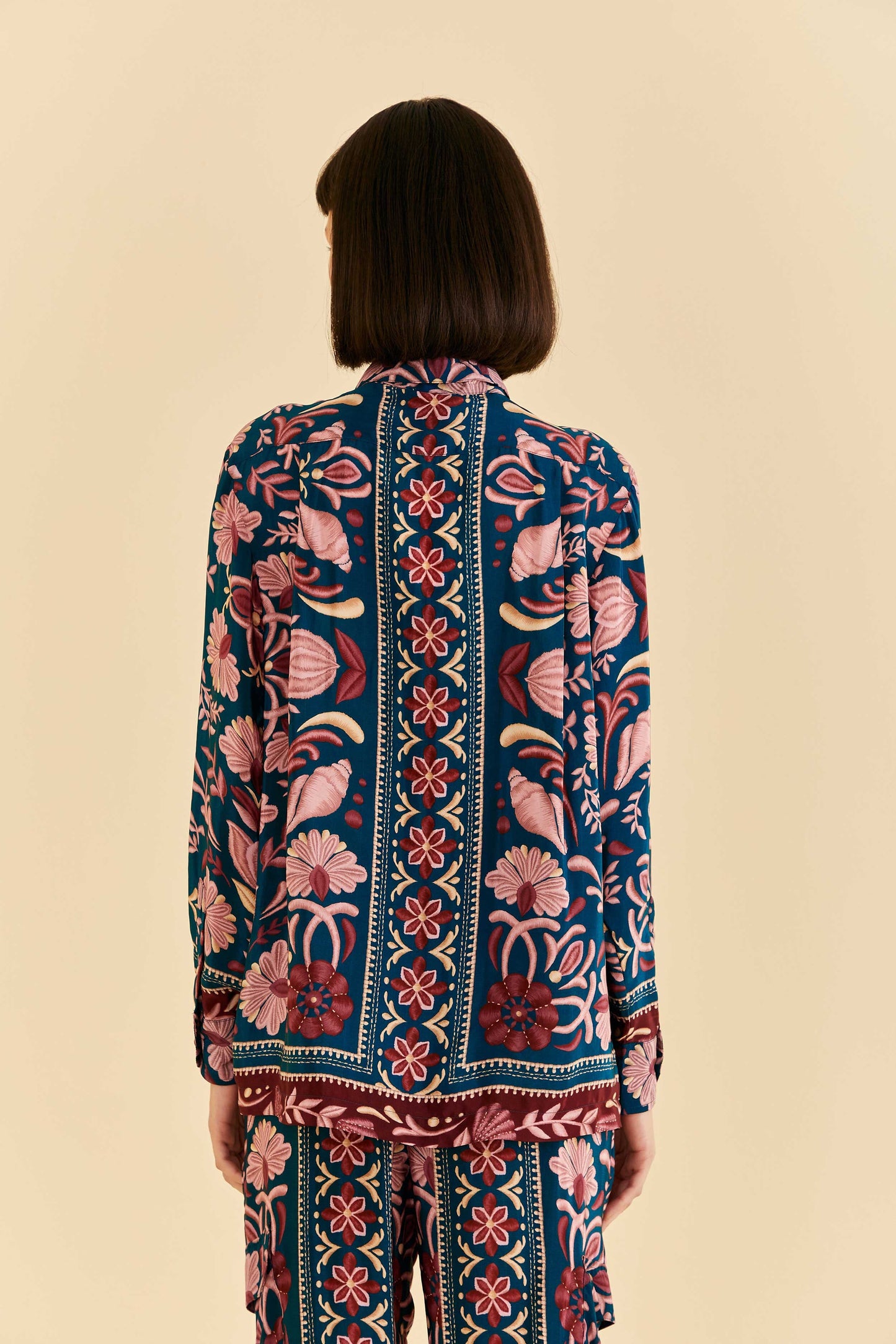 Farm Rio Teal Seashell Tapestry Shirt