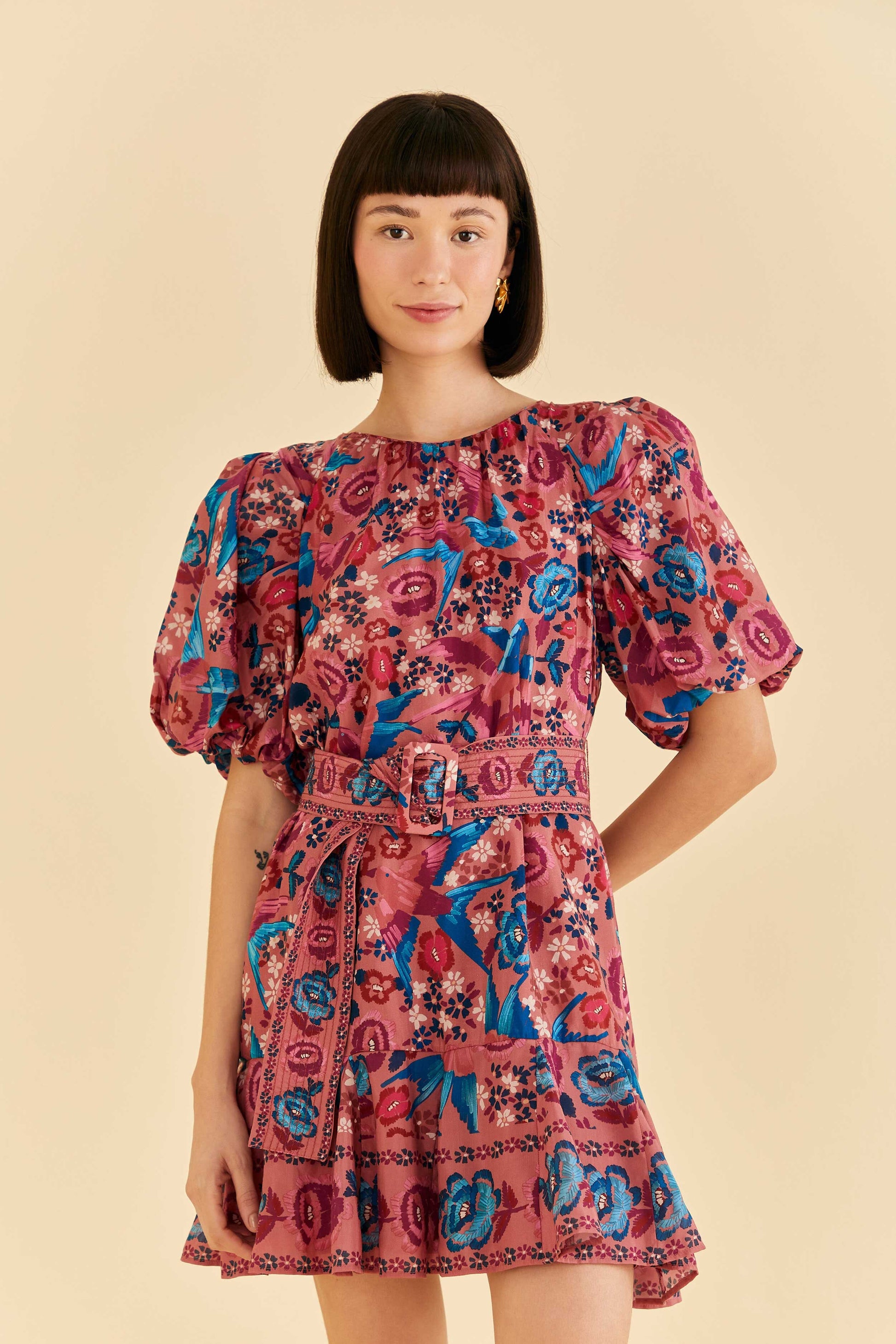 Farm Rio Blush Floral Birds Mini Dress