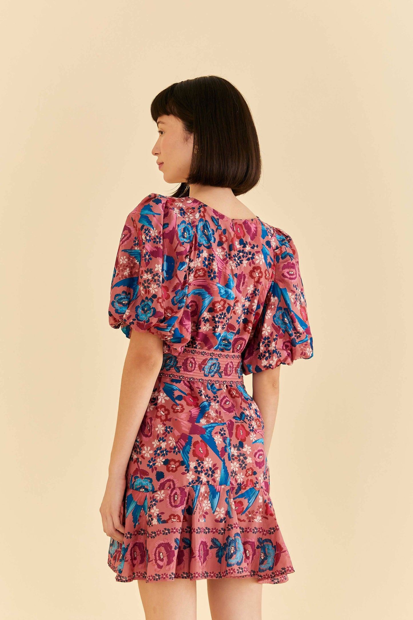 Farm Rio Blush Floral Birds Mini Dress