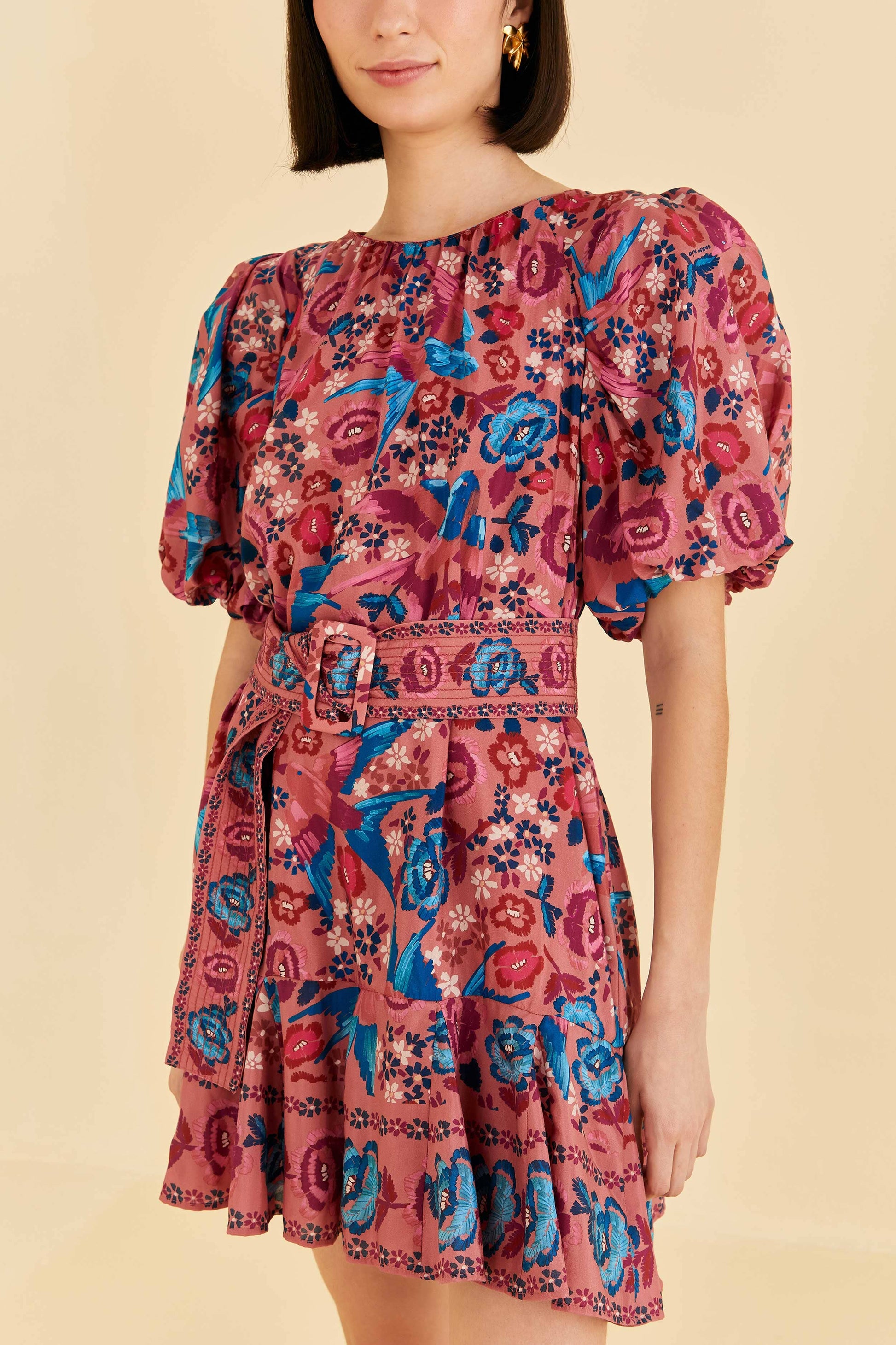 Farm Rio Blush Floral Birds Mini Dress