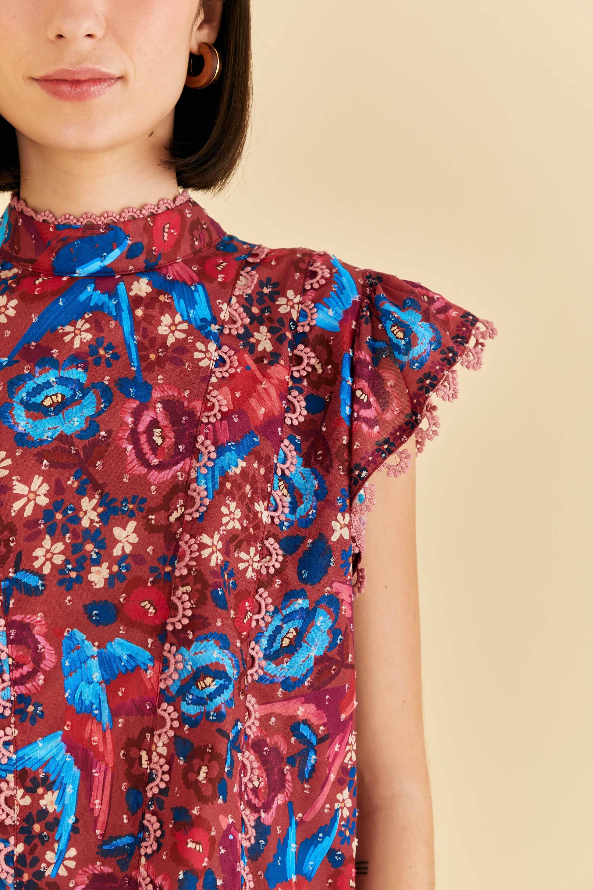 Farm Rio Blush Floral Birds Sleeveless Blouse
