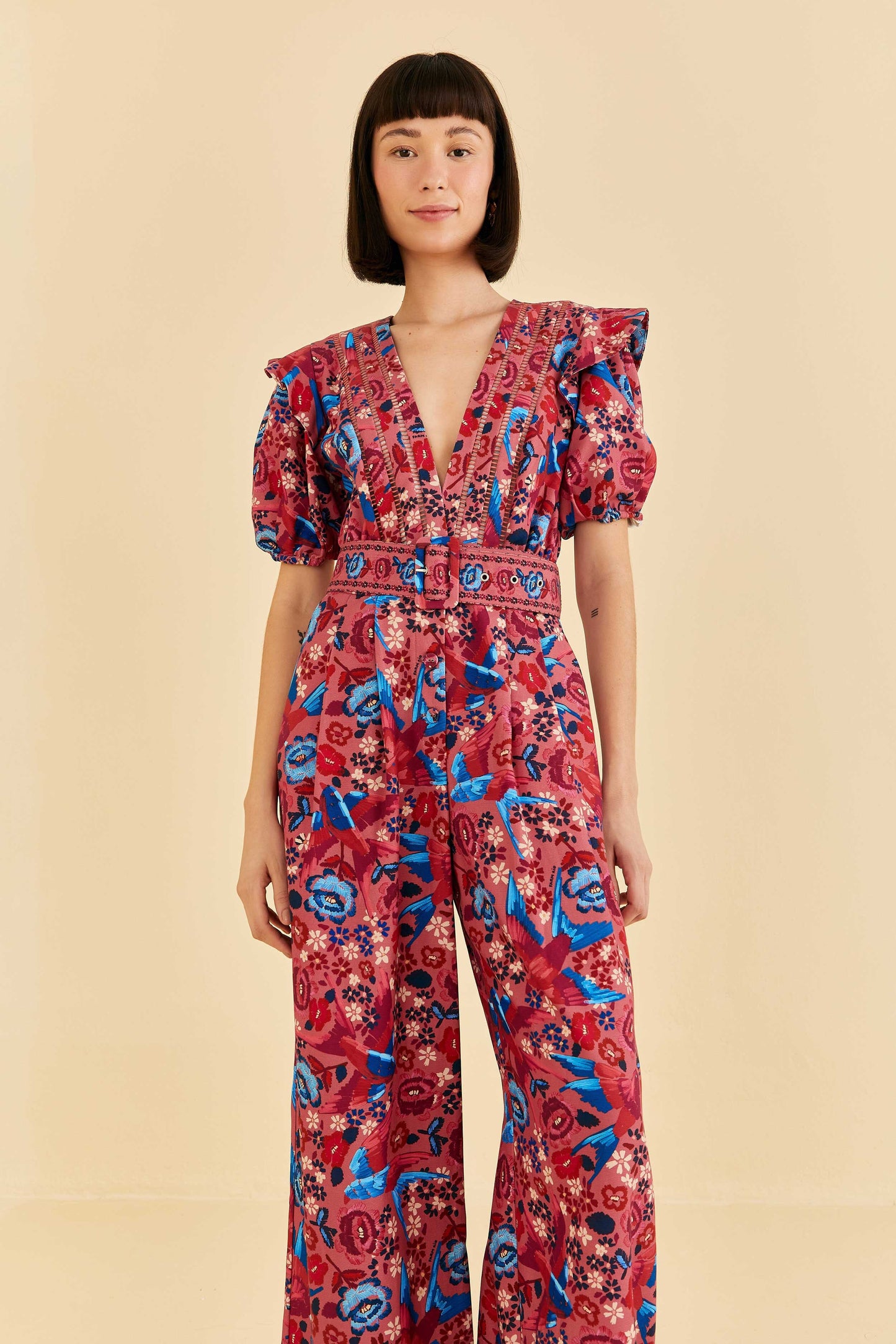 Farm Rio Blush Floral Birds Jumpsuit