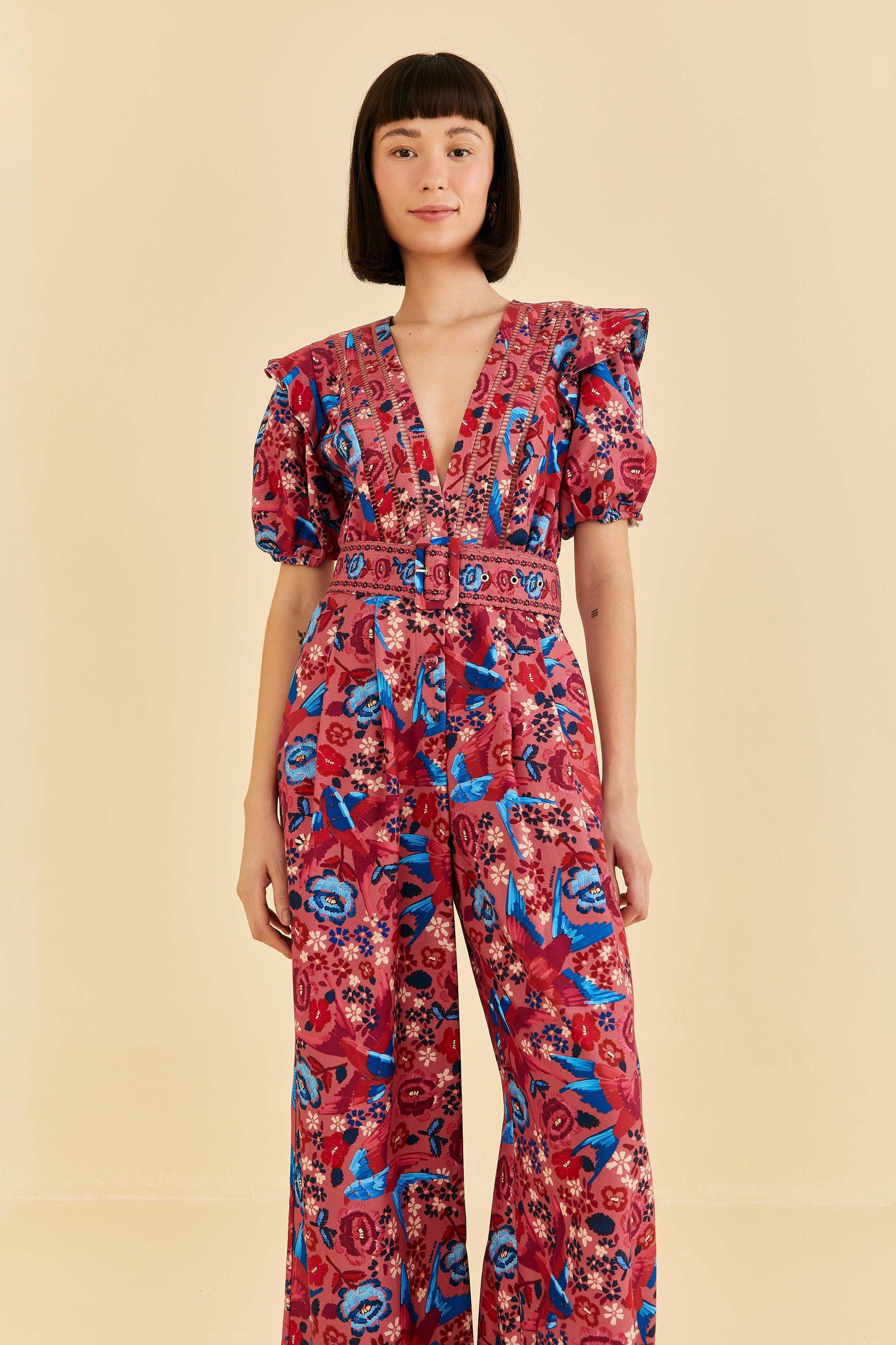 Farm Rio Blush Floral Birds Jumpsuit