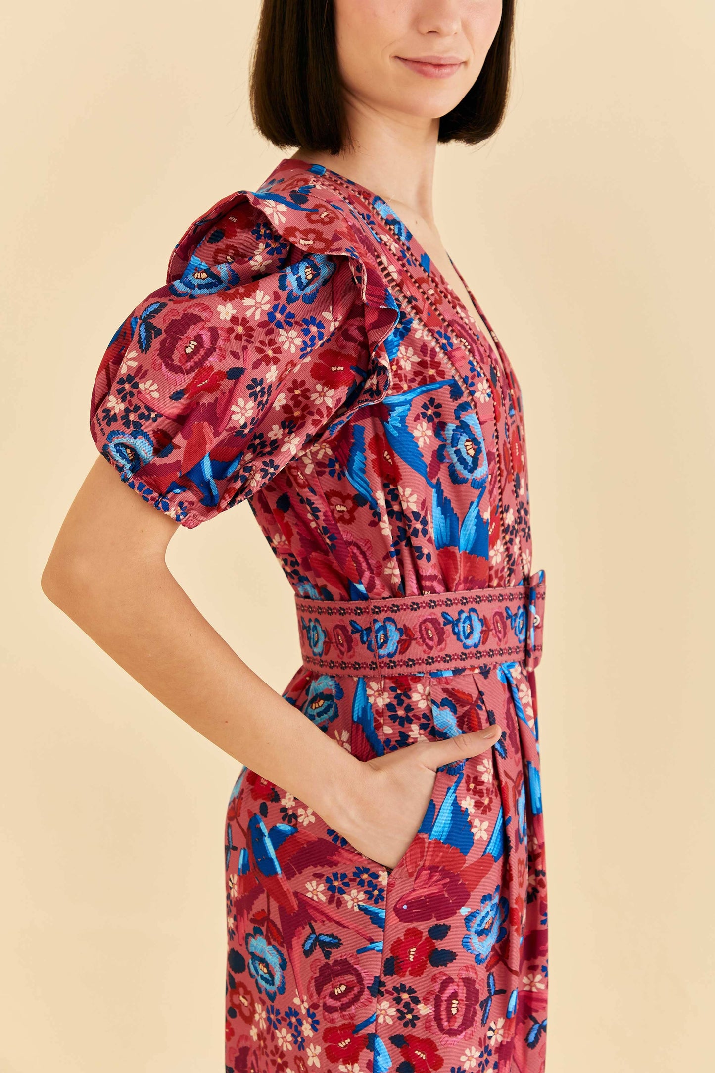 Farm Rio Blush Floral Birds Jumpsuit