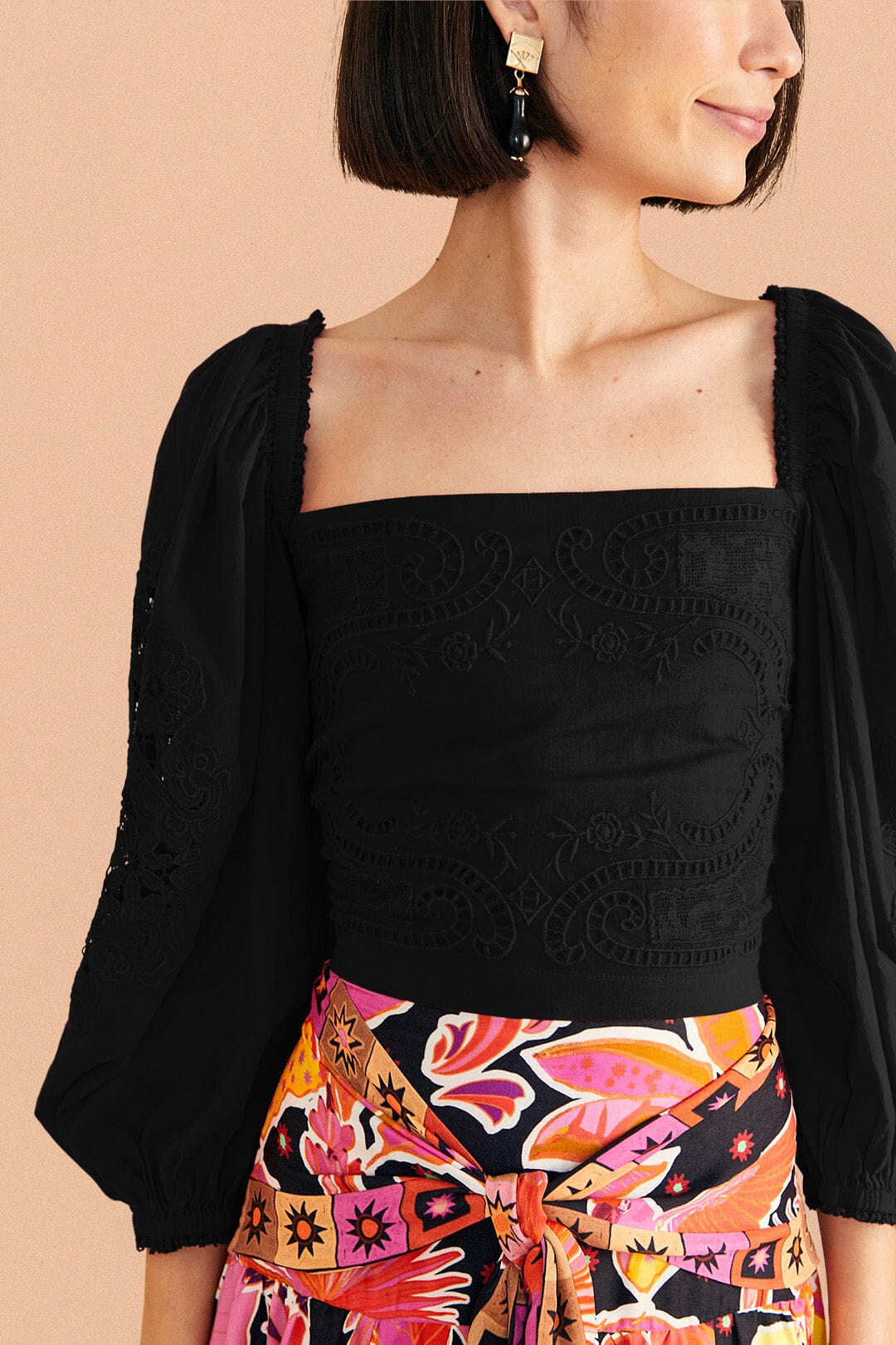 Farm Rio Black Embroidered Blouse
