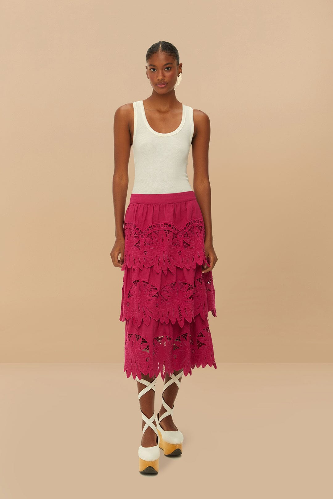  Pink Daisy Embroidered Midi Skirt