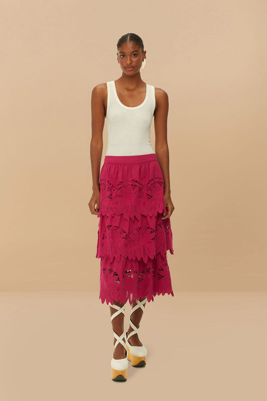  Pink Daisy Embroidered Midi Skirt
