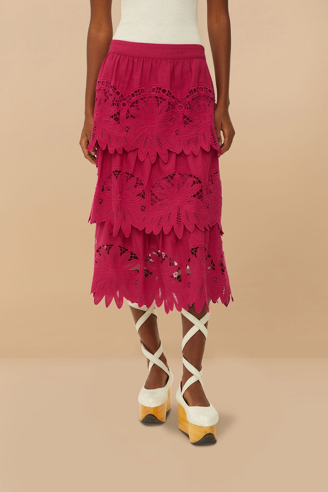  Pink Daisy Embroidered Midi Skirt