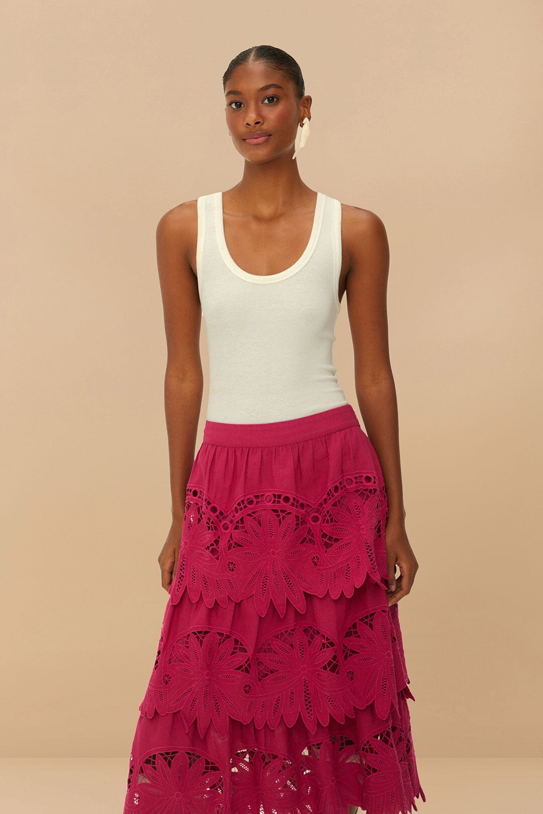  Pink Daisy Embroidered Midi Skirt