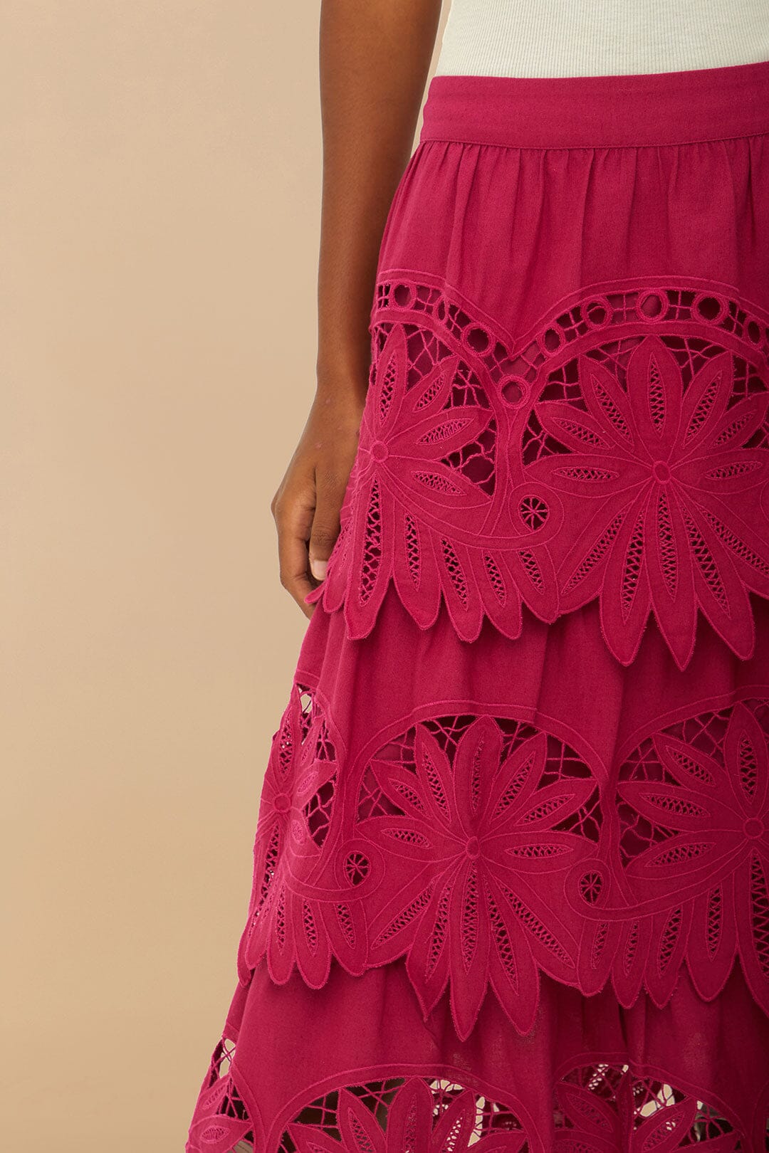  Pink Daisy Embroidered Midi Skirt