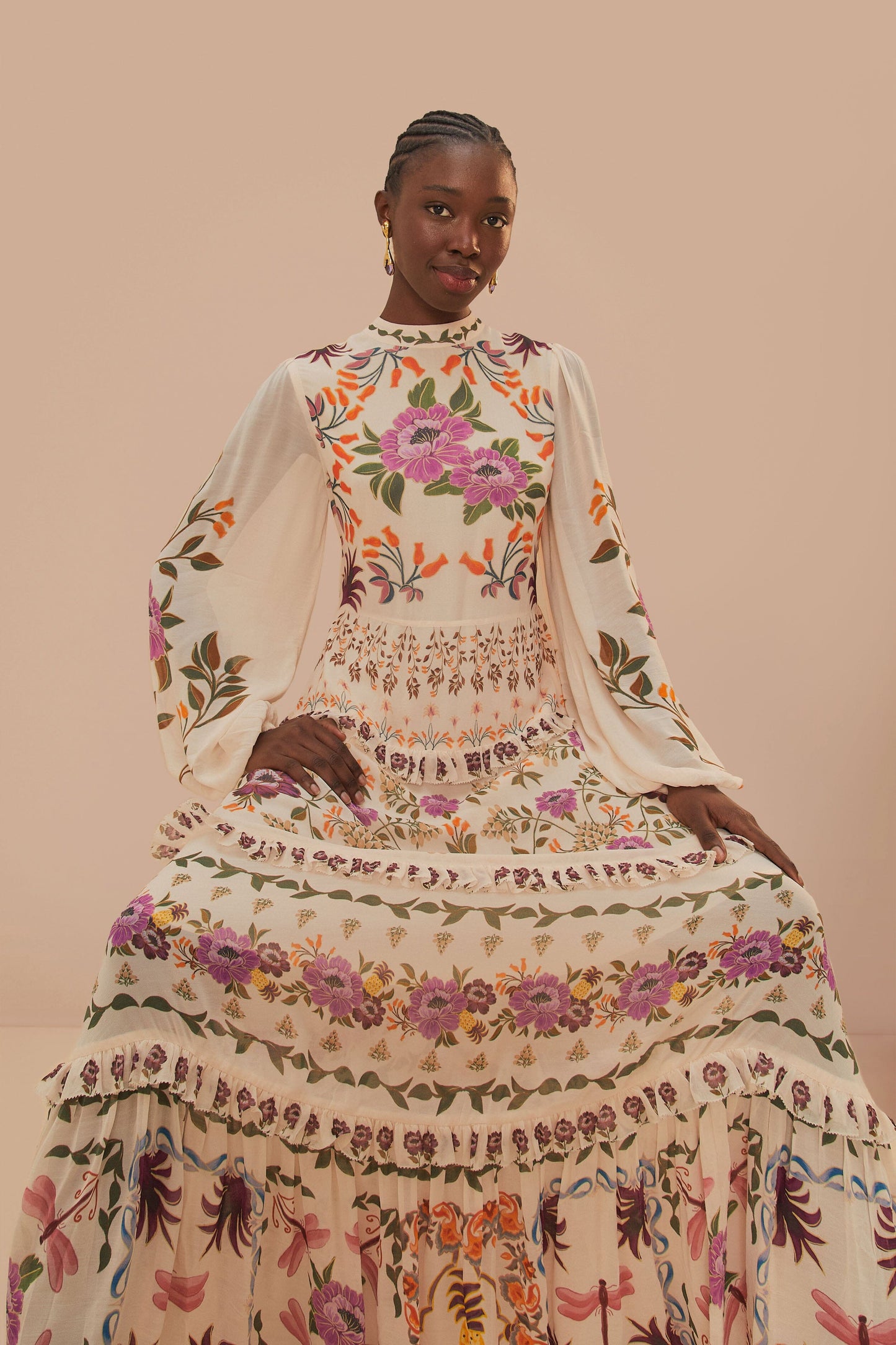  Cream Winter Garden Ruffle Maxi Dress