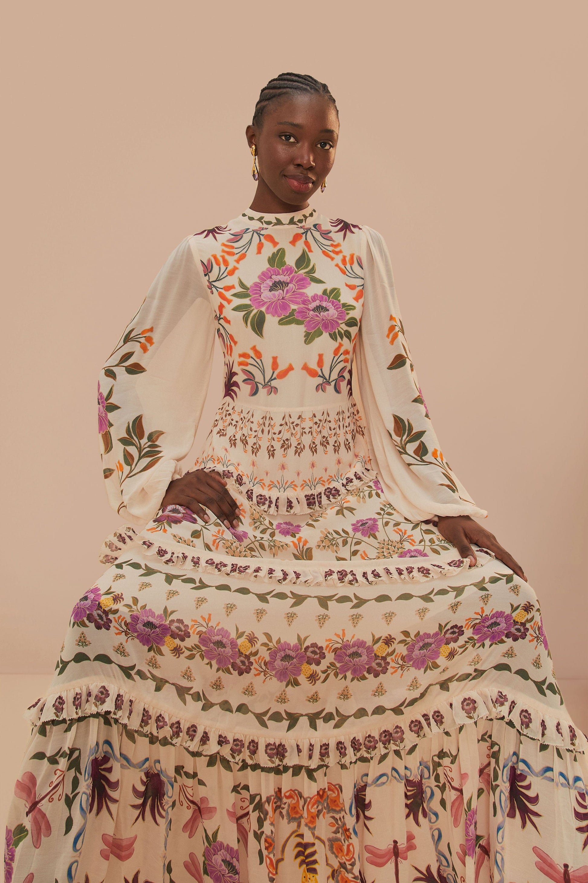  Cream Winter Garden Ruffle Maxi Dress