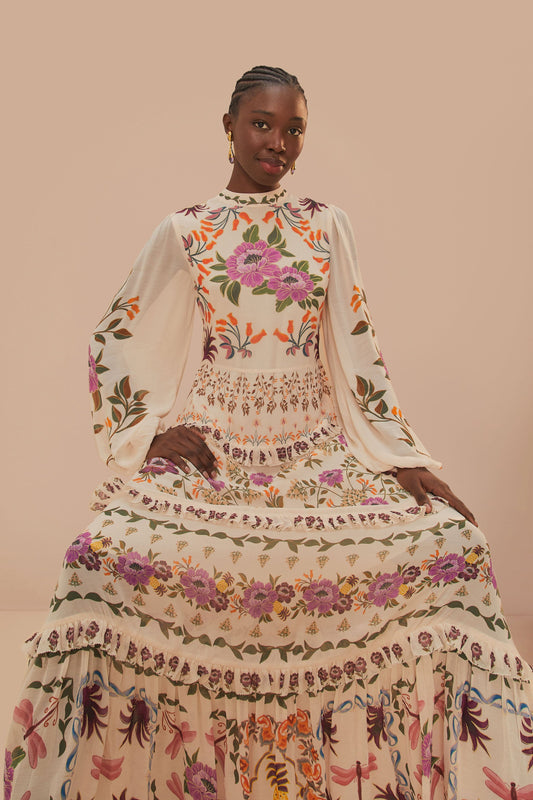  Cream Winter Garden Ruffle Maxi Dress