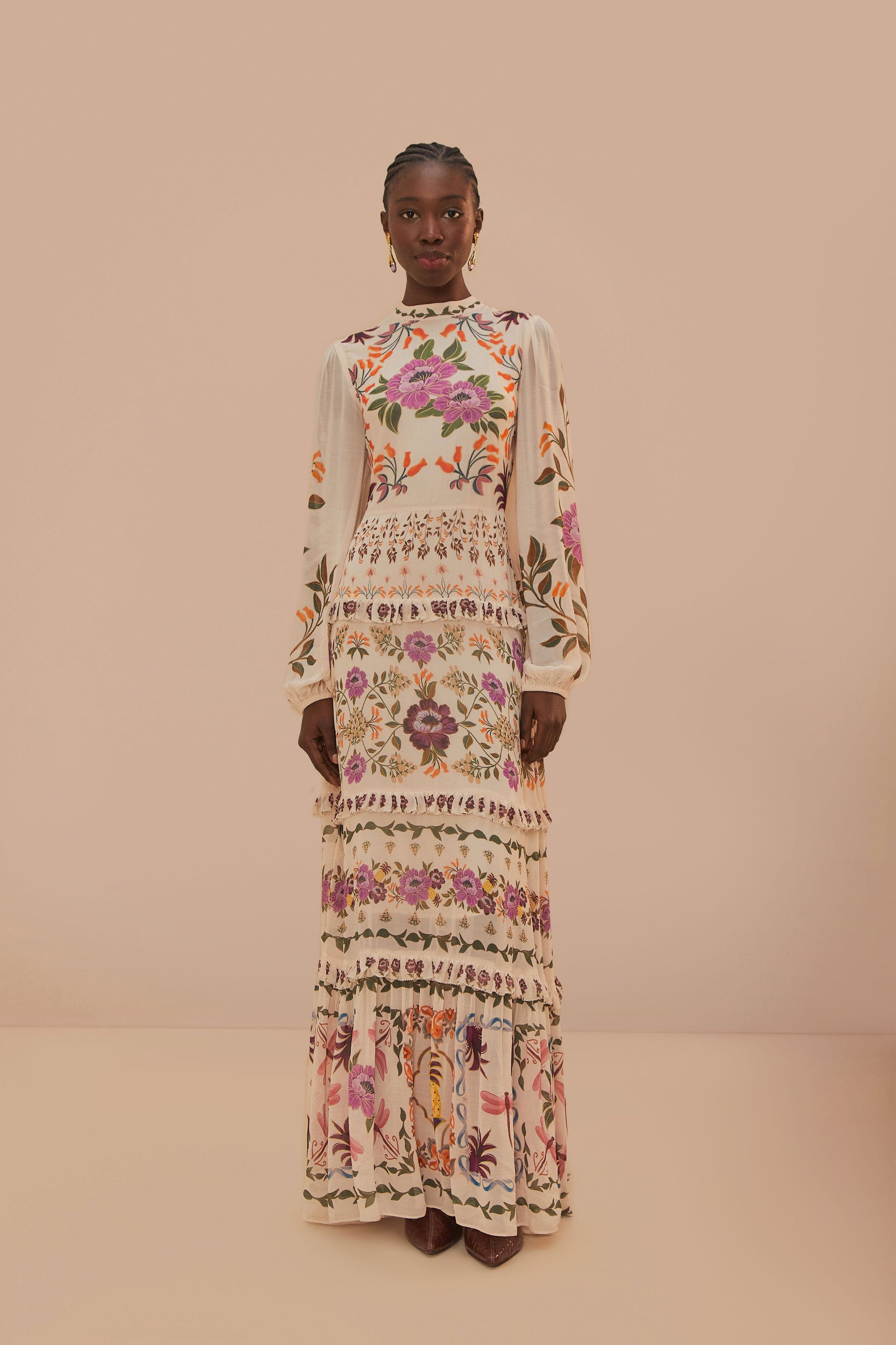  Cream Winter Garden Ruffle Maxi Dress