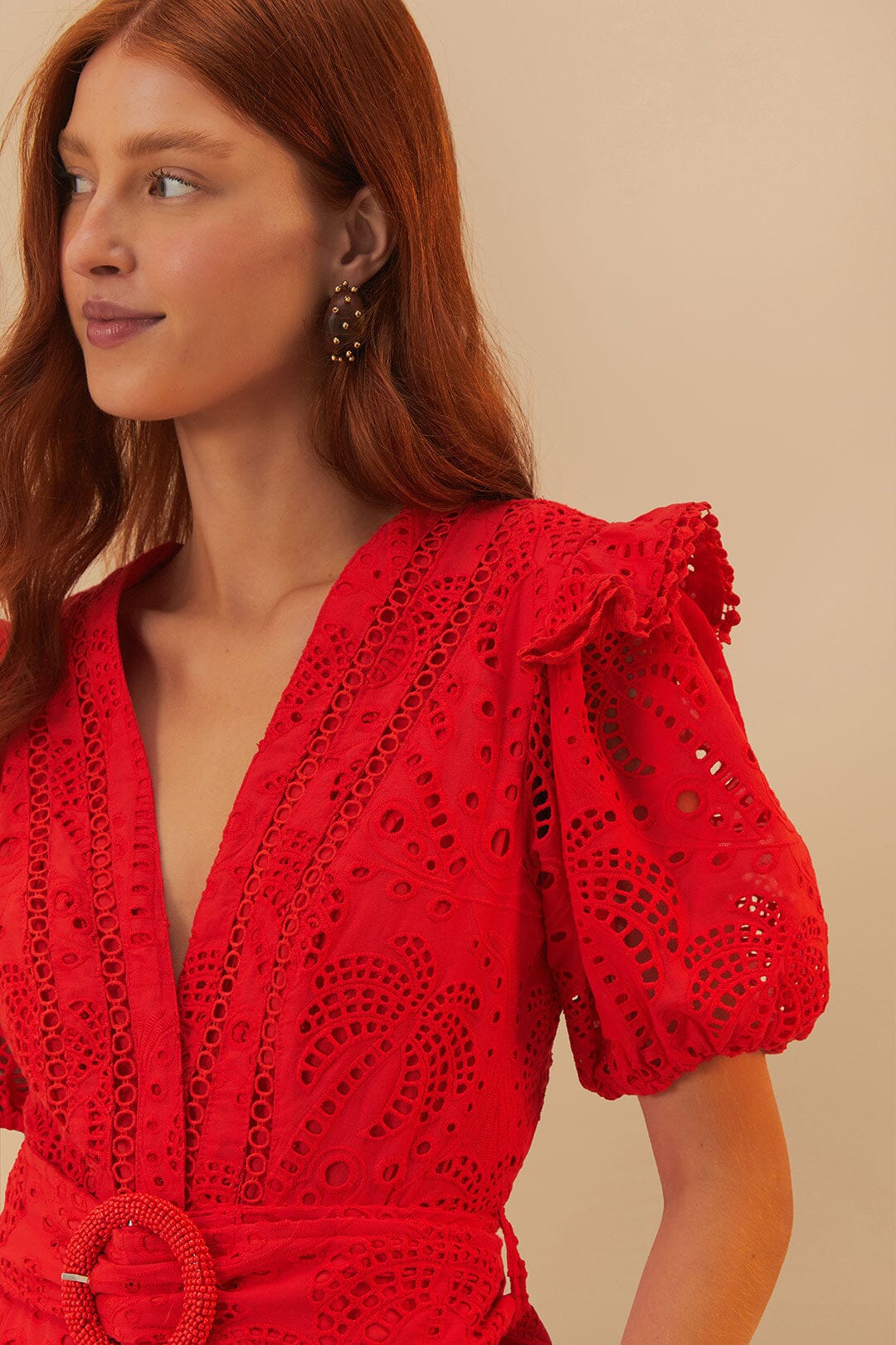  Red Eyelet Beaded Belt Romper