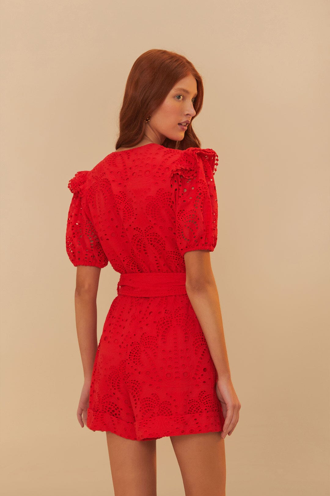  Red Eyelet Beaded Belt Romper