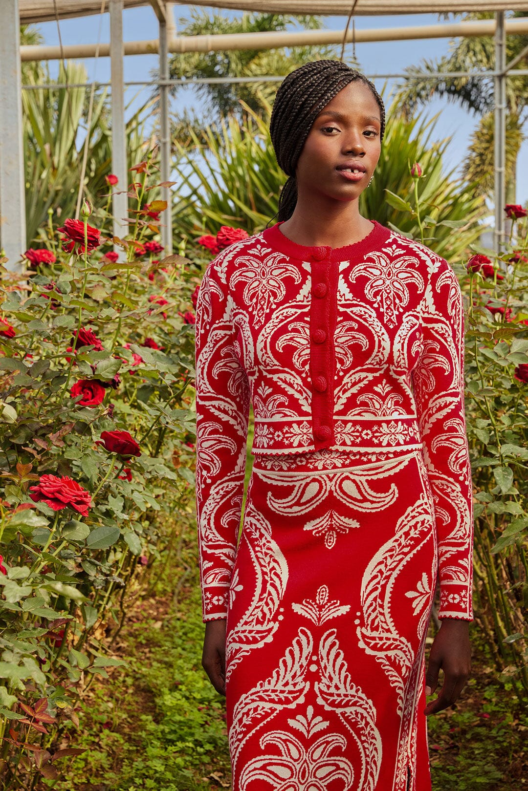  Red Tropical Jacquard Knit Cardigan