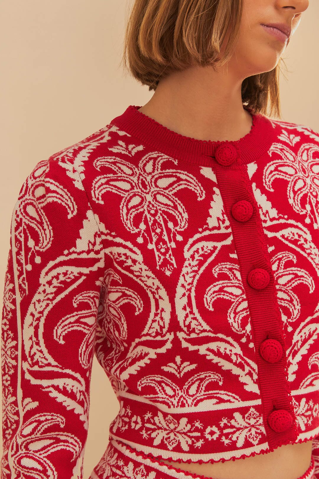  Red Tropical Jacquard Knit Cardigan