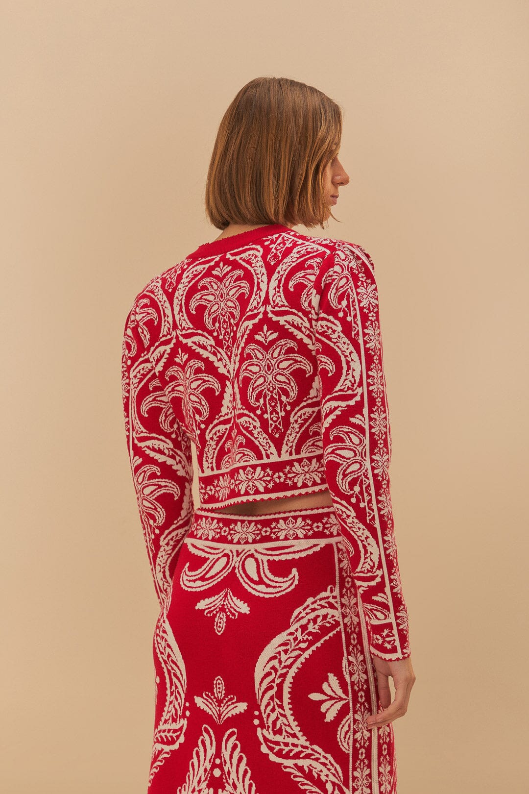  Red Tropical Jacquard Knit Cardigan