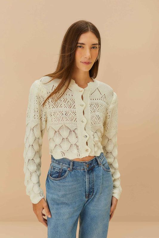  Off-White Mixed Lace Stitch Cardigan