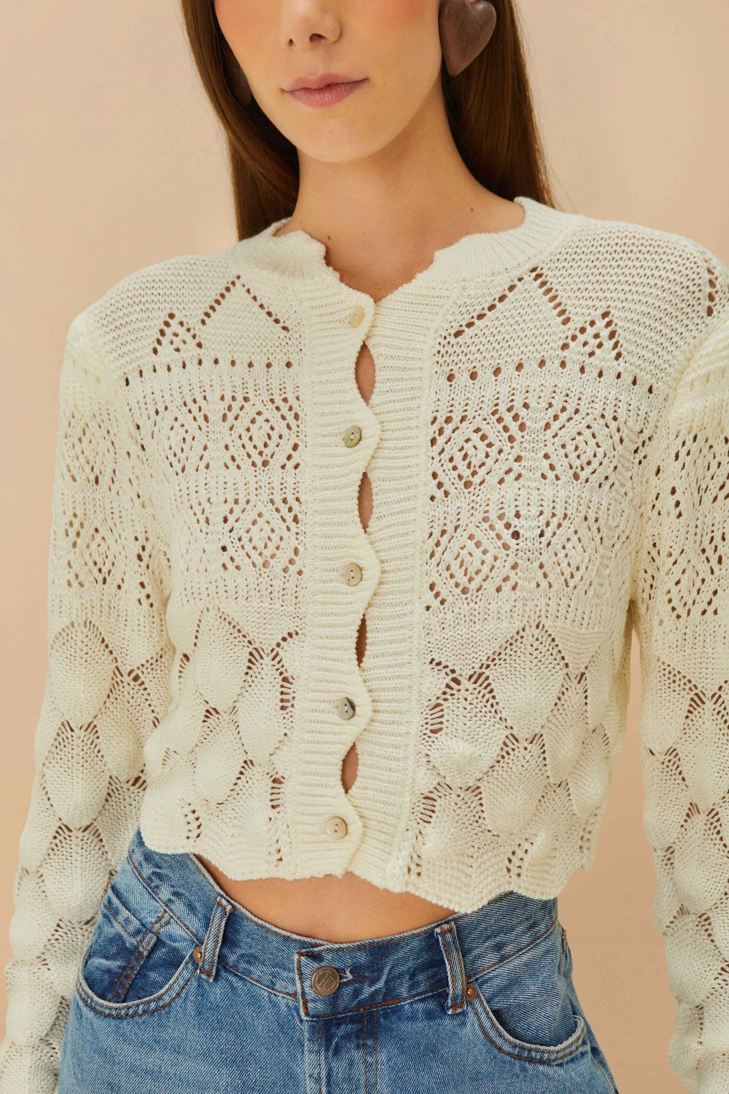  Off-White Mixed Lace Stitch Cardigan