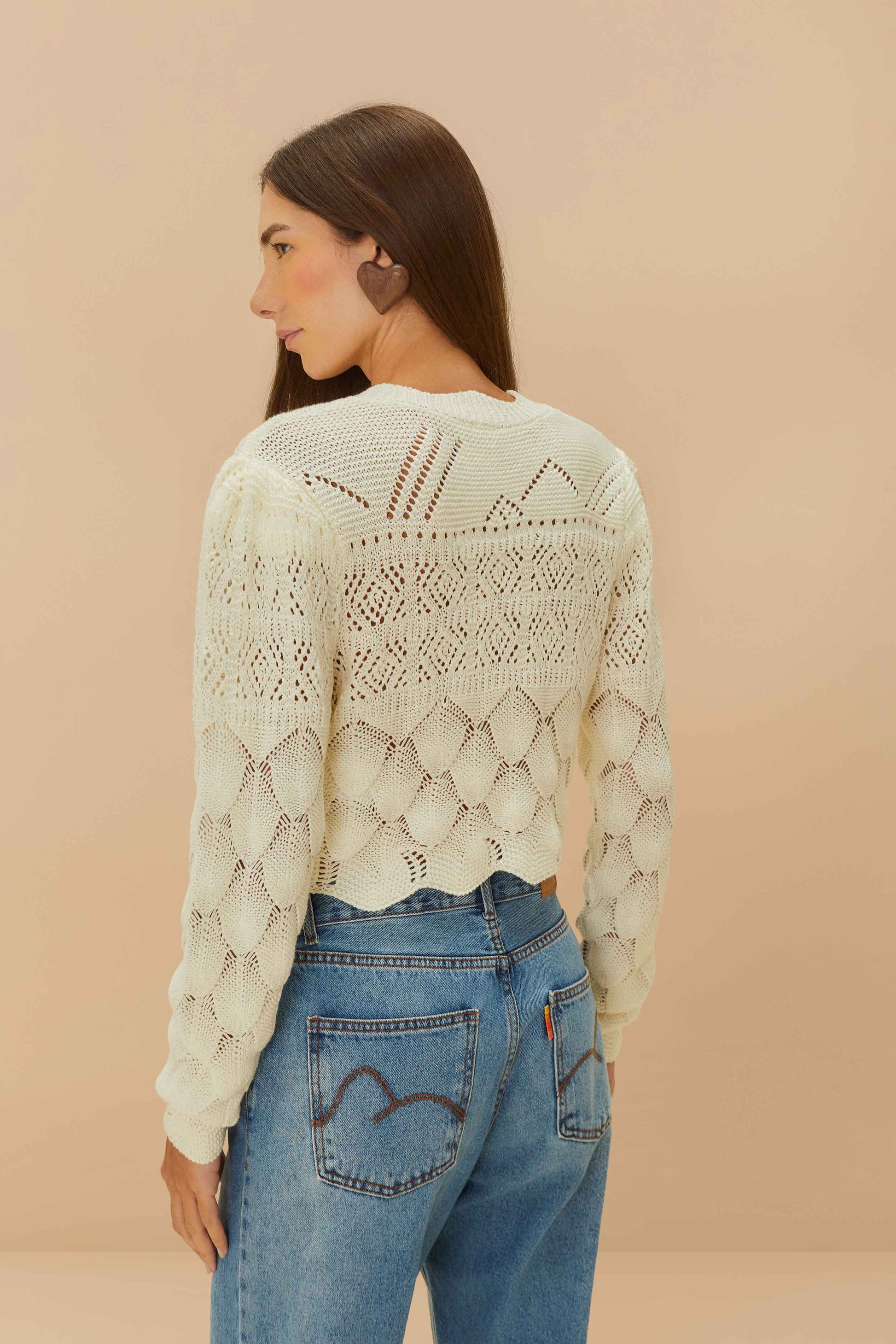  Off-White Mixed Lace Stitch Cardigan