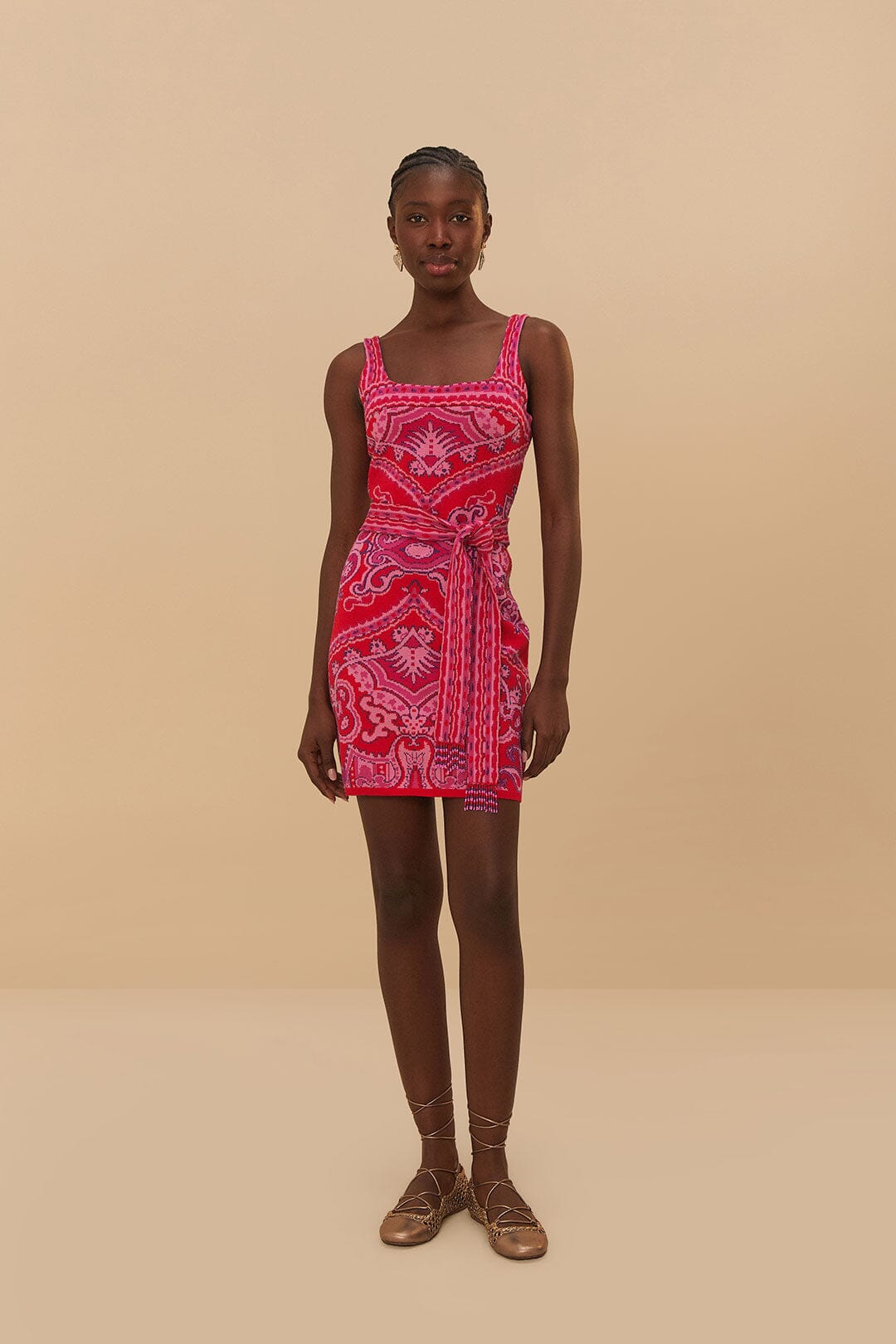 Red Paisley Scarf Knit Mini Dress
