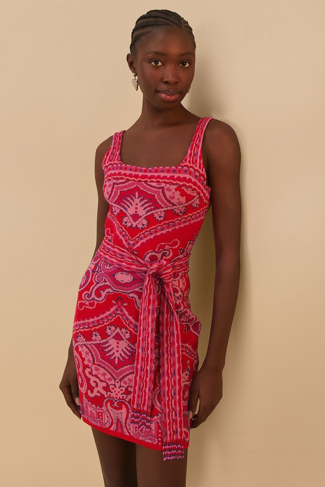  Red Paisley Scarf Knit Mini Dress