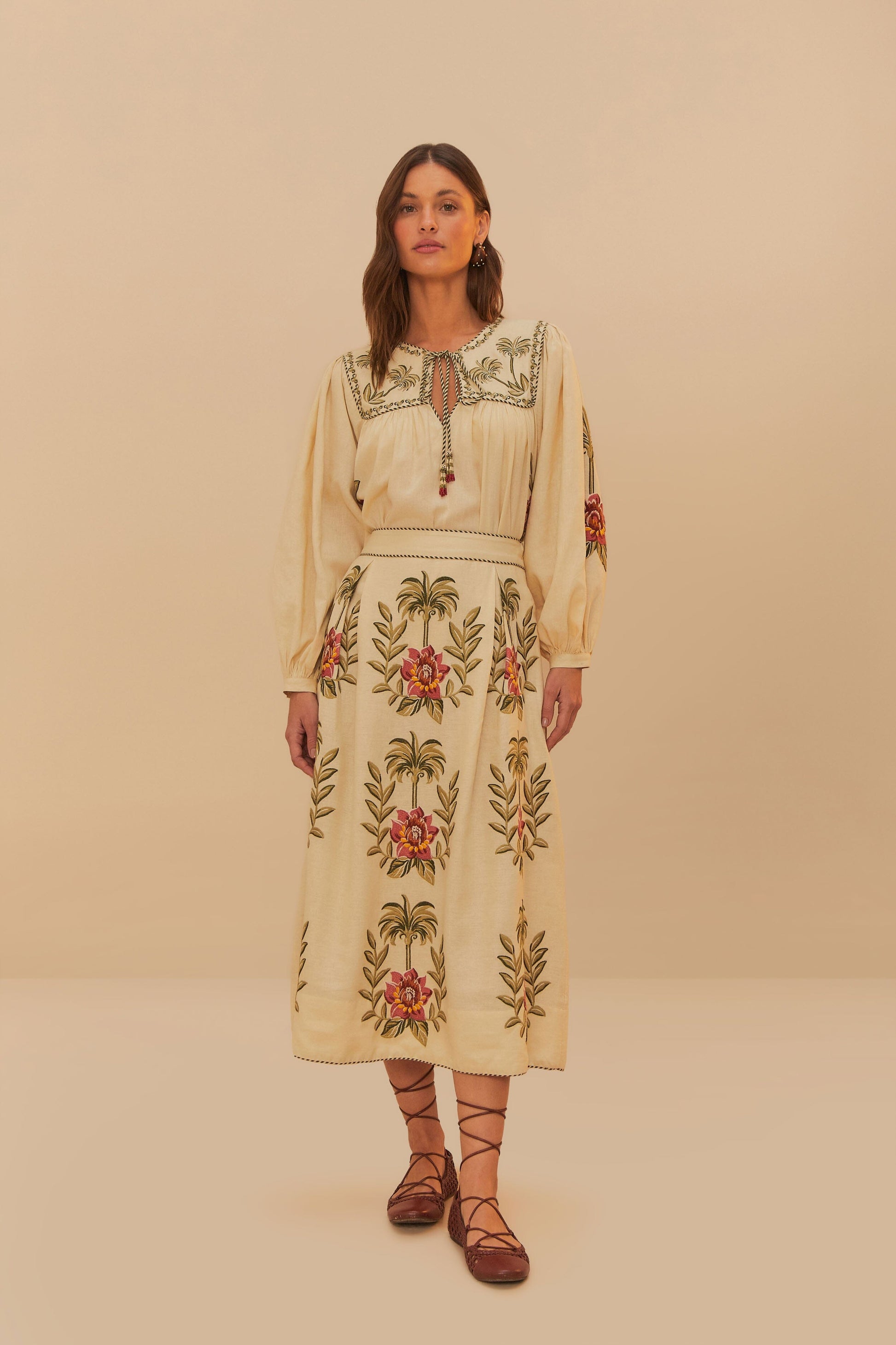  Sand Tropical Flower Embroidered LENZING™ ECOVERO™ Euroflax™ Maxi Skirt