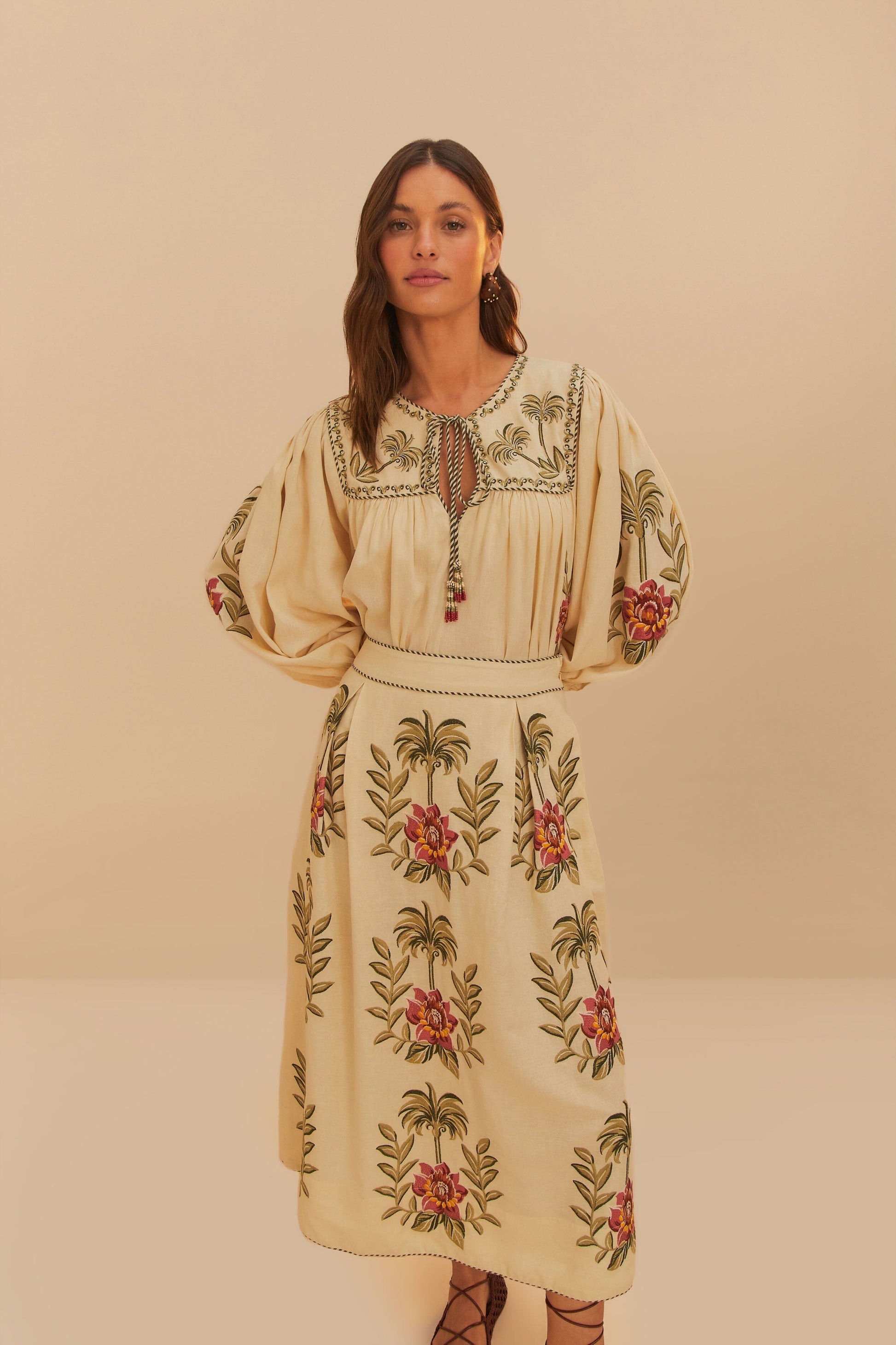  Sand Tropical Flower Embroidered LENZING™ ECOVERO™ Euroflax™ Maxi Skirt