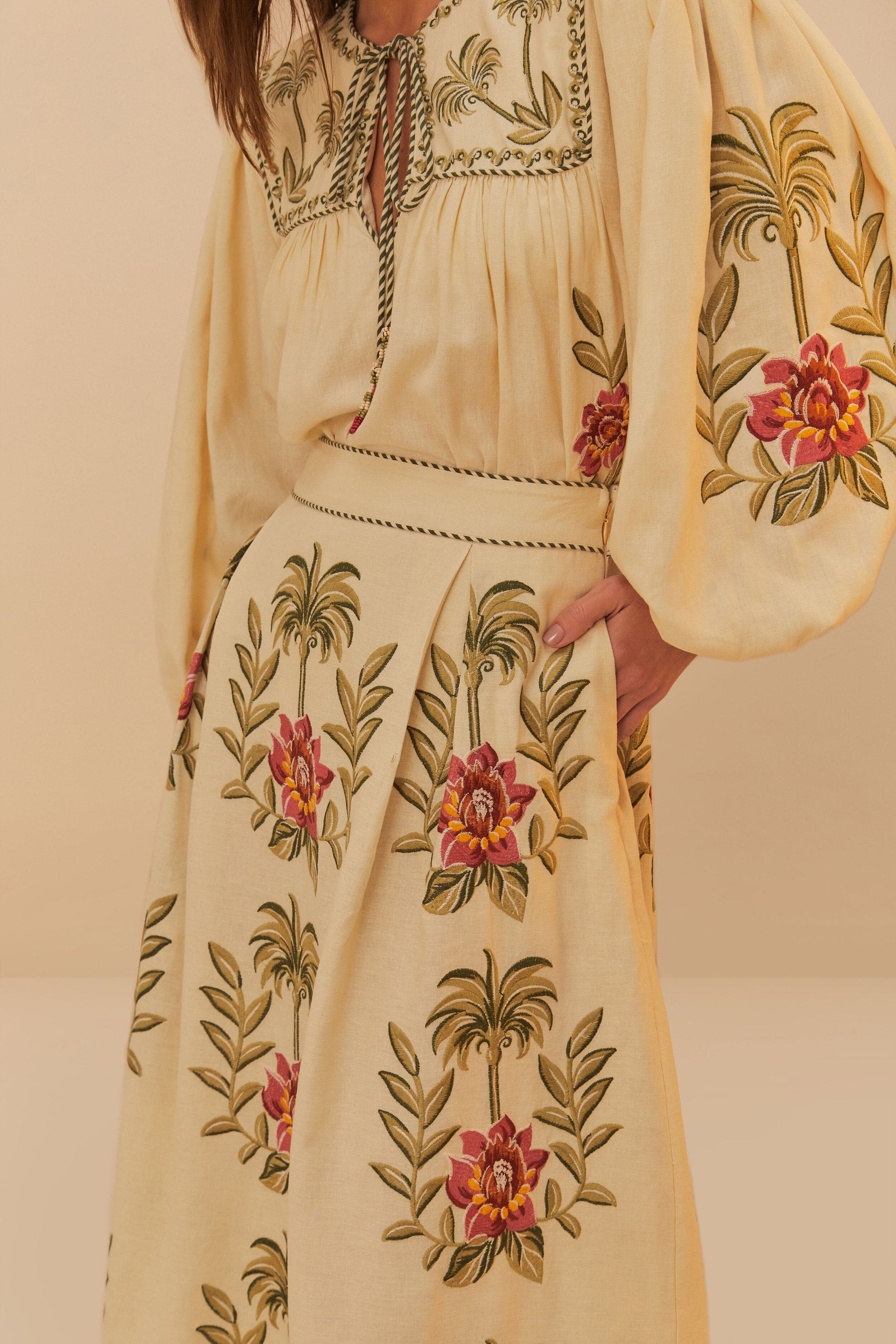  Sand Tropical Flower Embroidered LENZING™ ECOVERO™ Euroflax™ Maxi Skirt