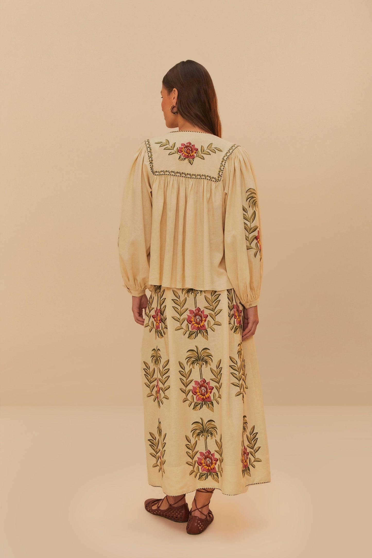  Sand Tropical Flower Embroidered LENZING™ ECOVERO™ Euroflax™ Maxi Skirt