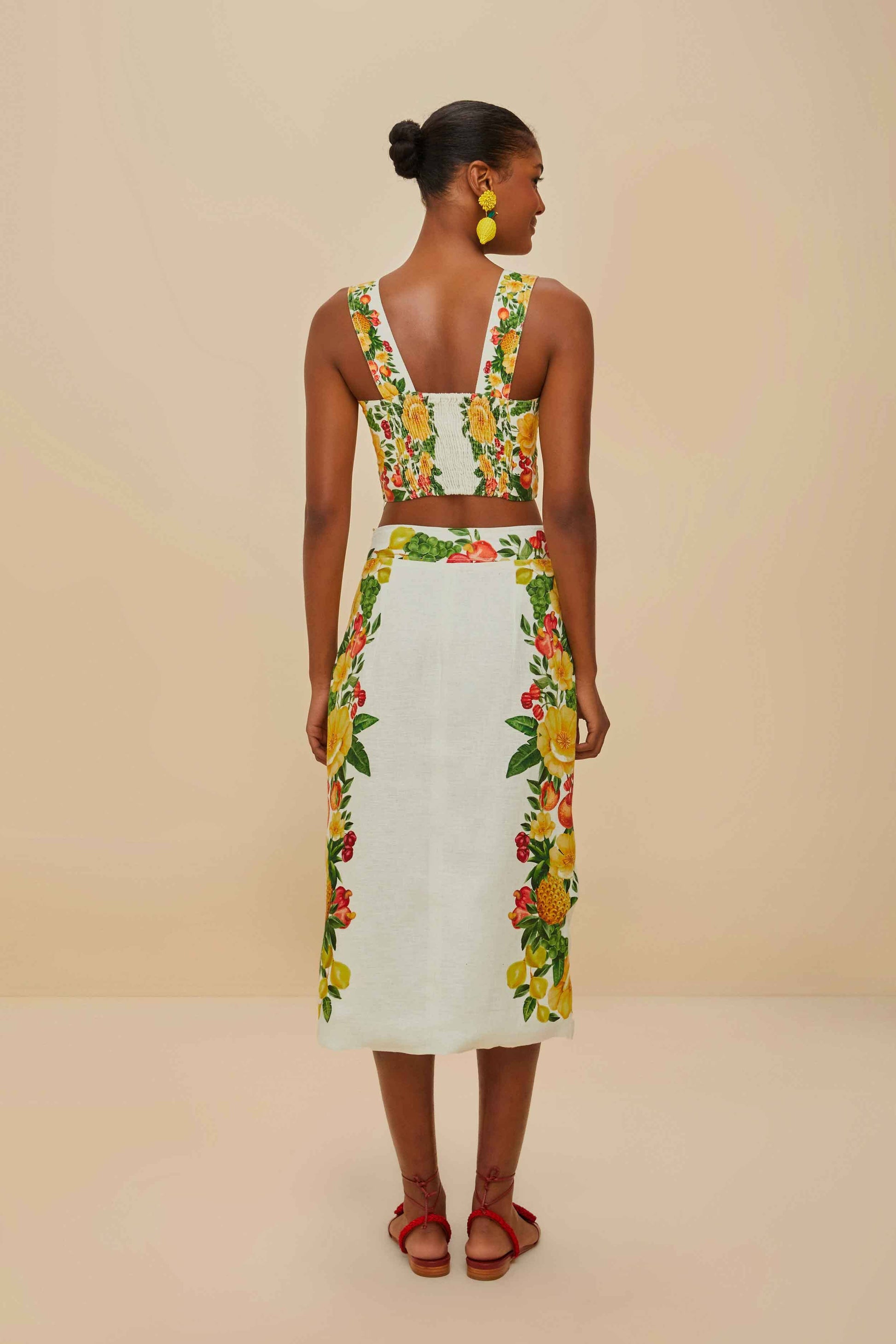  Off-White Picnic Flowers Euroflax™ Premium Linen Viscose Midi Skirt