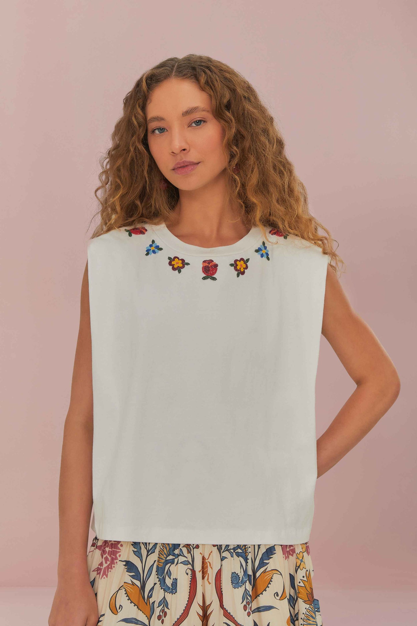  White Beaded Flowers T-Shirt