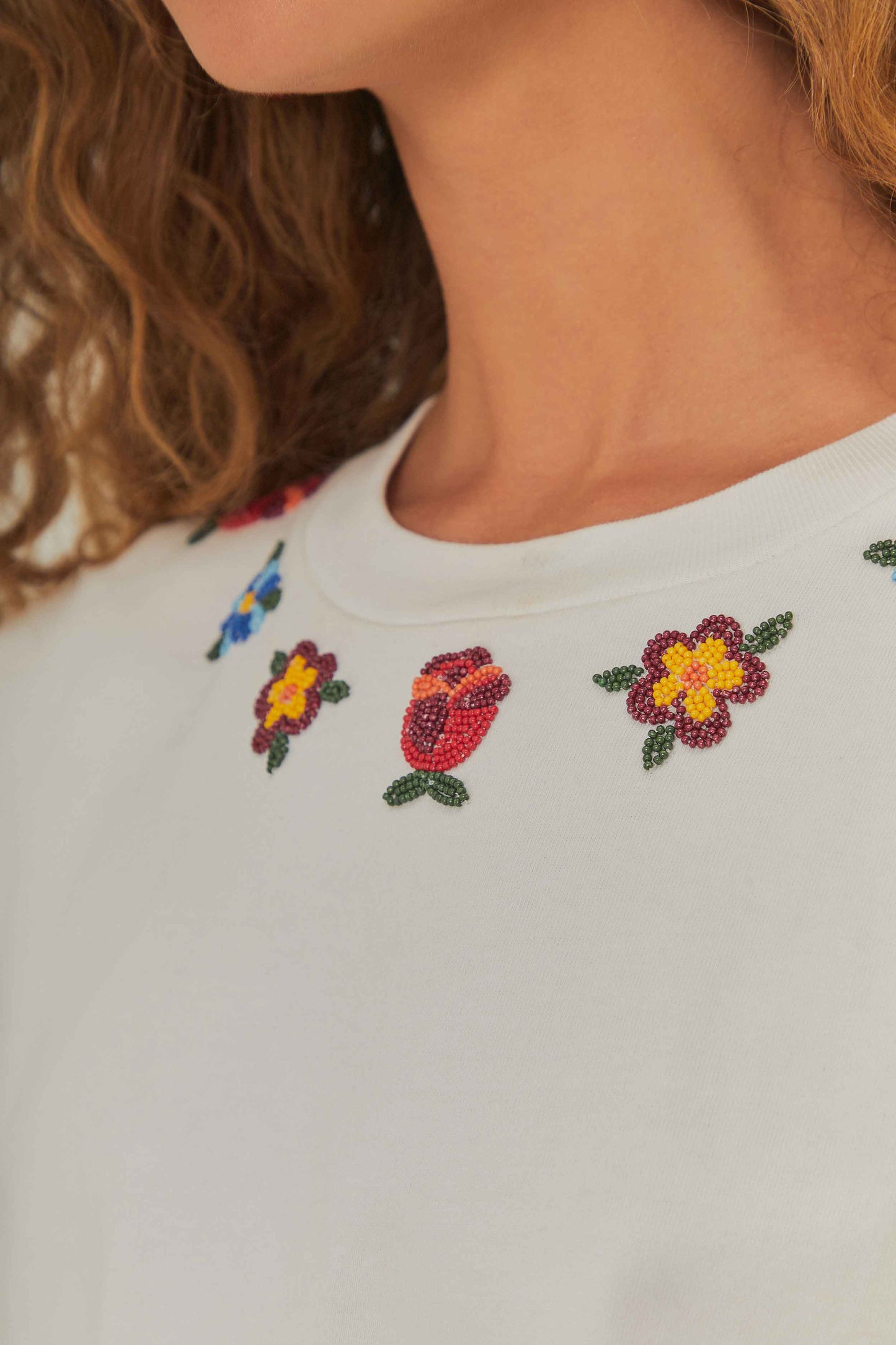  White Beaded Flowers T-Shirt