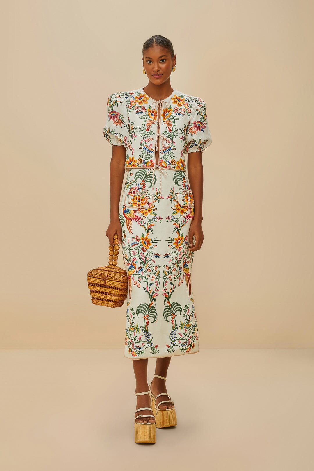  Off-White Delicate Forest Euroflax™ Premium Linen Midi Skirt