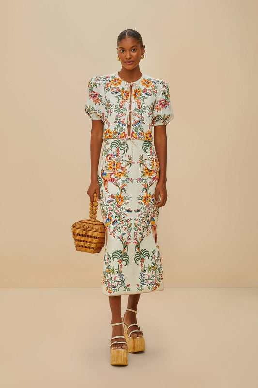  Off-White Delicate Forest Euroflax™ Premium Linen Midi Skirt