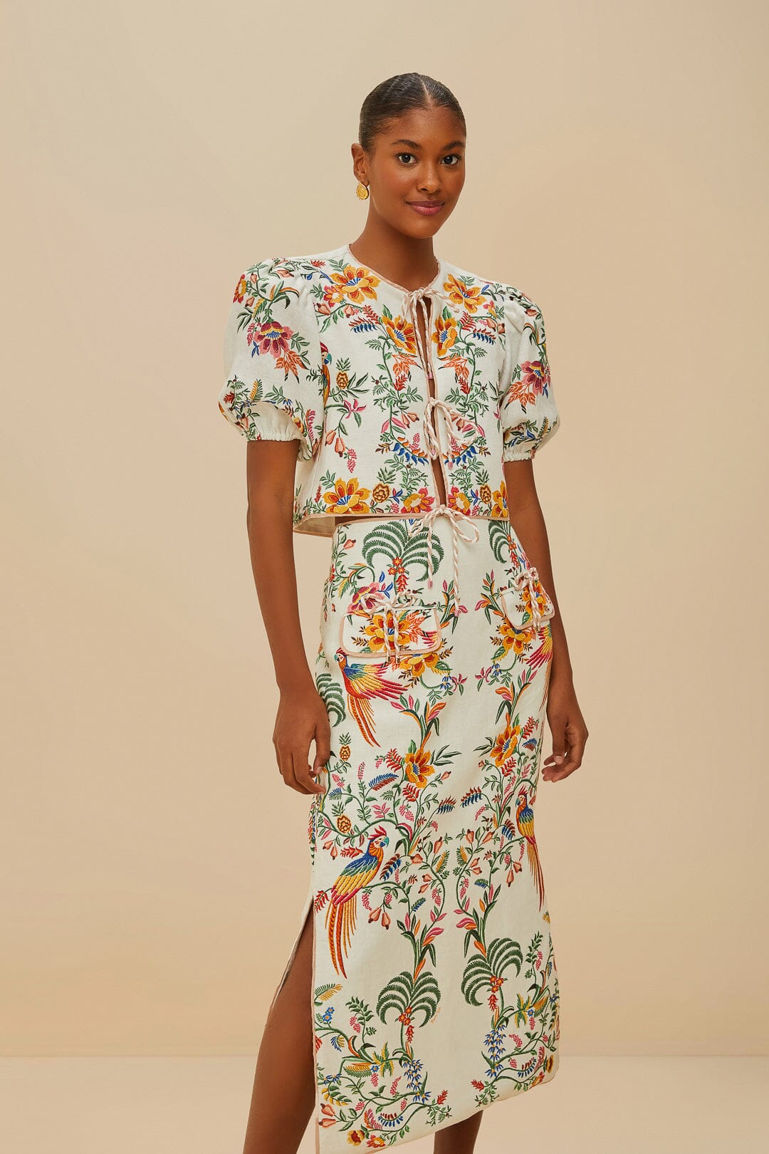  Off-White Delicate Forest Euroflax™ Premium Linen Midi Skirt