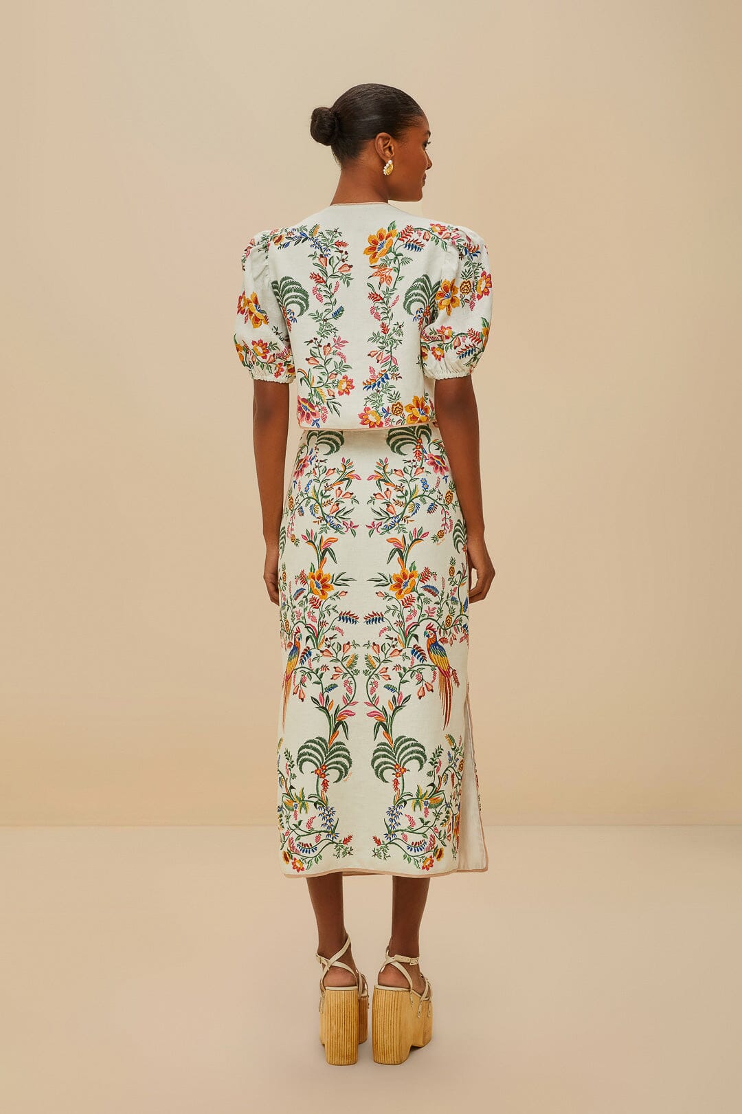  Off-White Delicate Forest Euroflax™ Premium Linen Midi Skirt