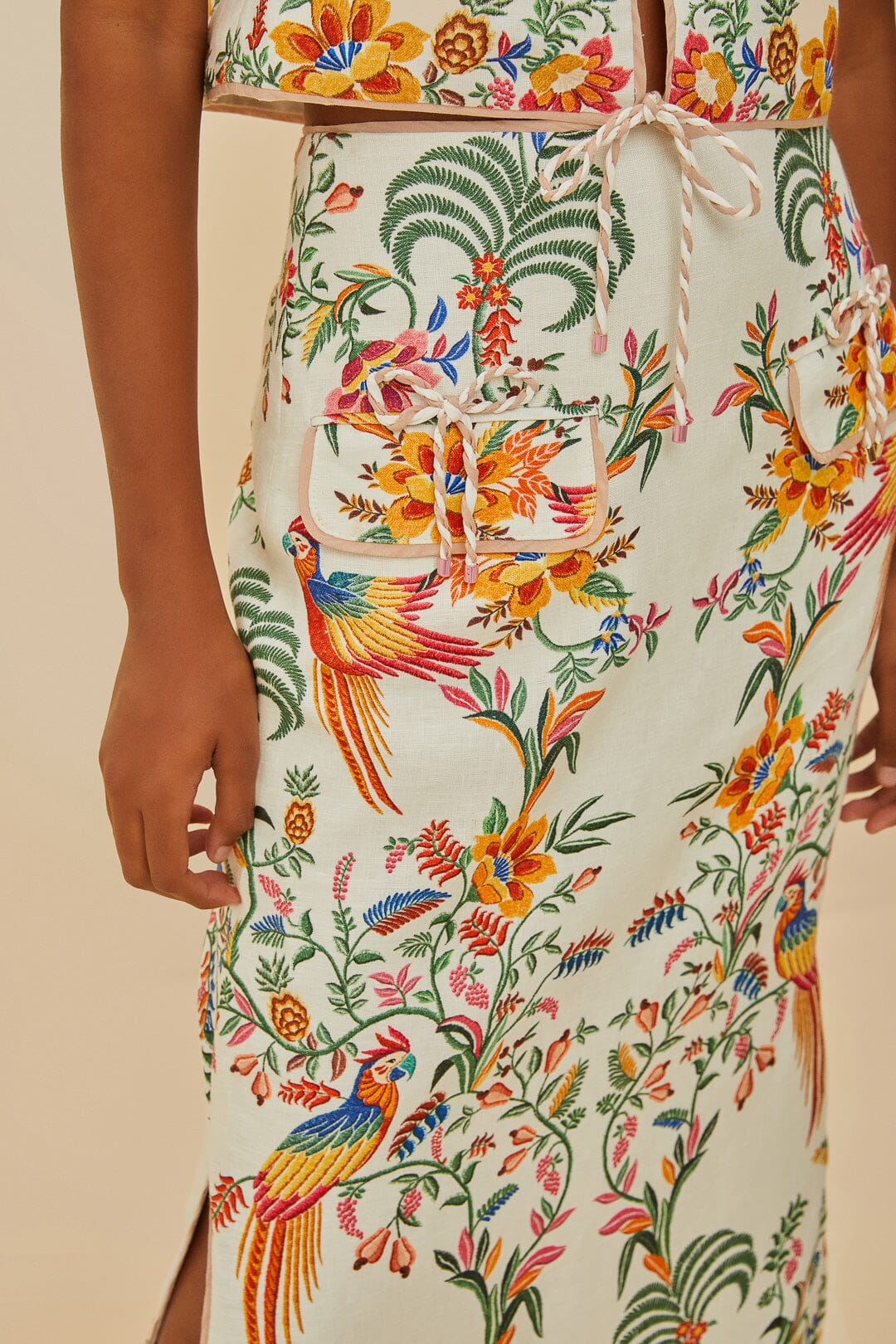  Off-White Delicate Forest Euroflax™ Premium Linen Midi Skirt