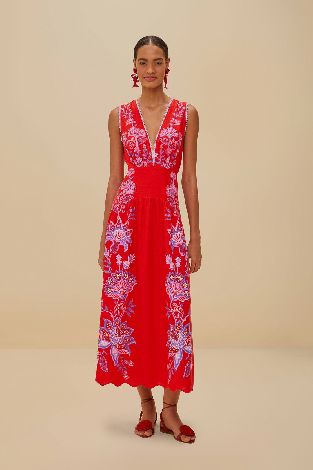  Red Porcelain Garden Euroflax™ Premium Linen Midi Dress