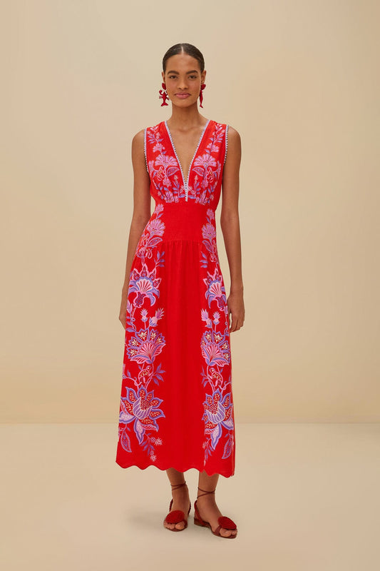 Red Porcelain Garden Euroflax™ Premium Linen Midi Dress