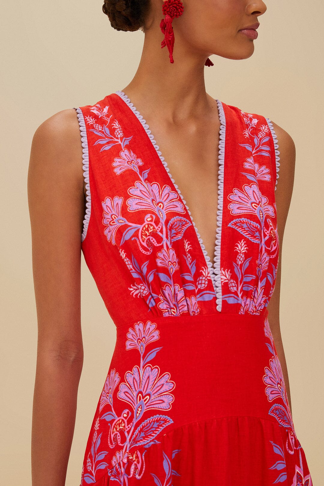  Red Porcelain Garden Euroflax™ Premium Linen Midi Dress