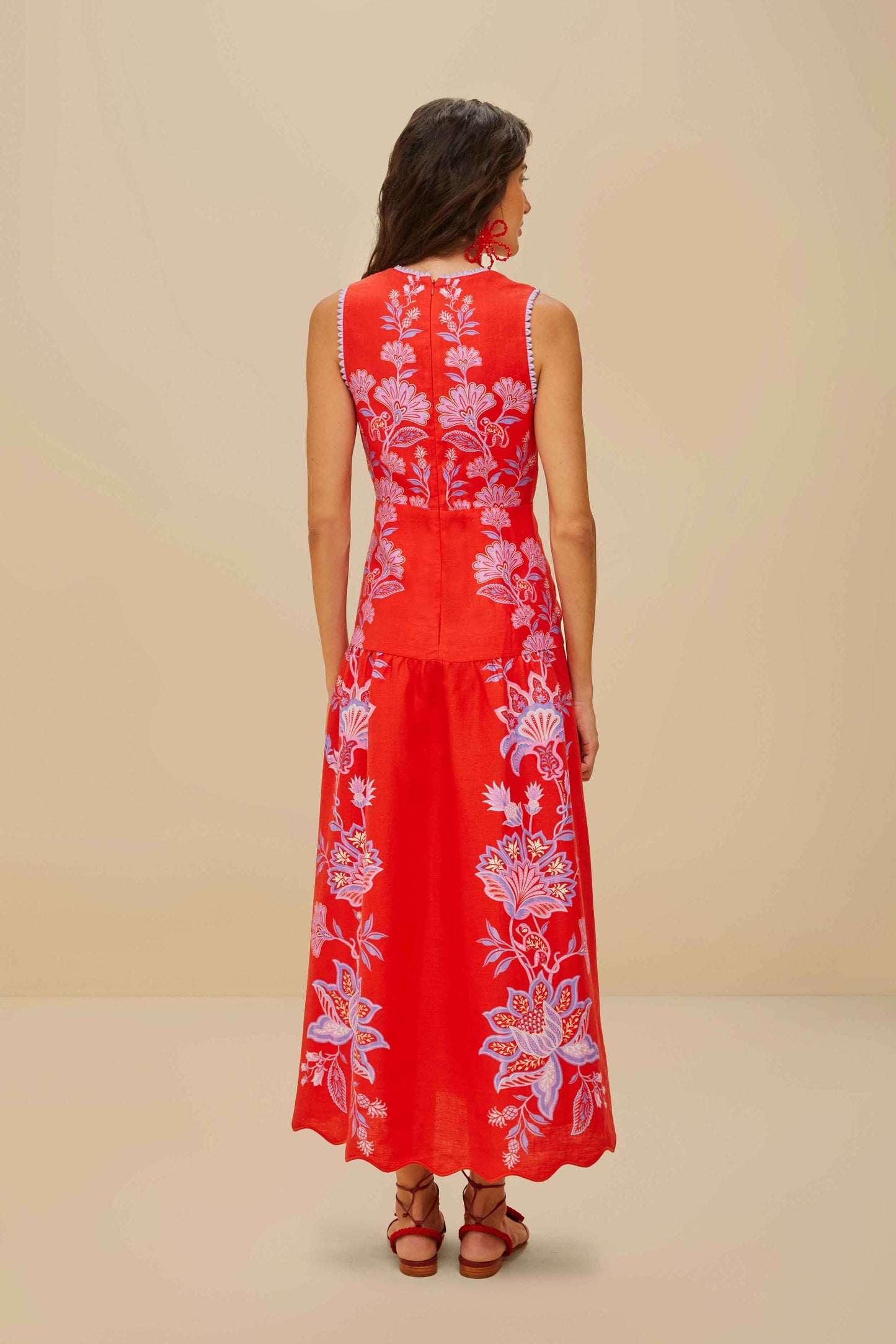 Red Porcelain Garden Euroflax™ Premium Linen Midi Dress