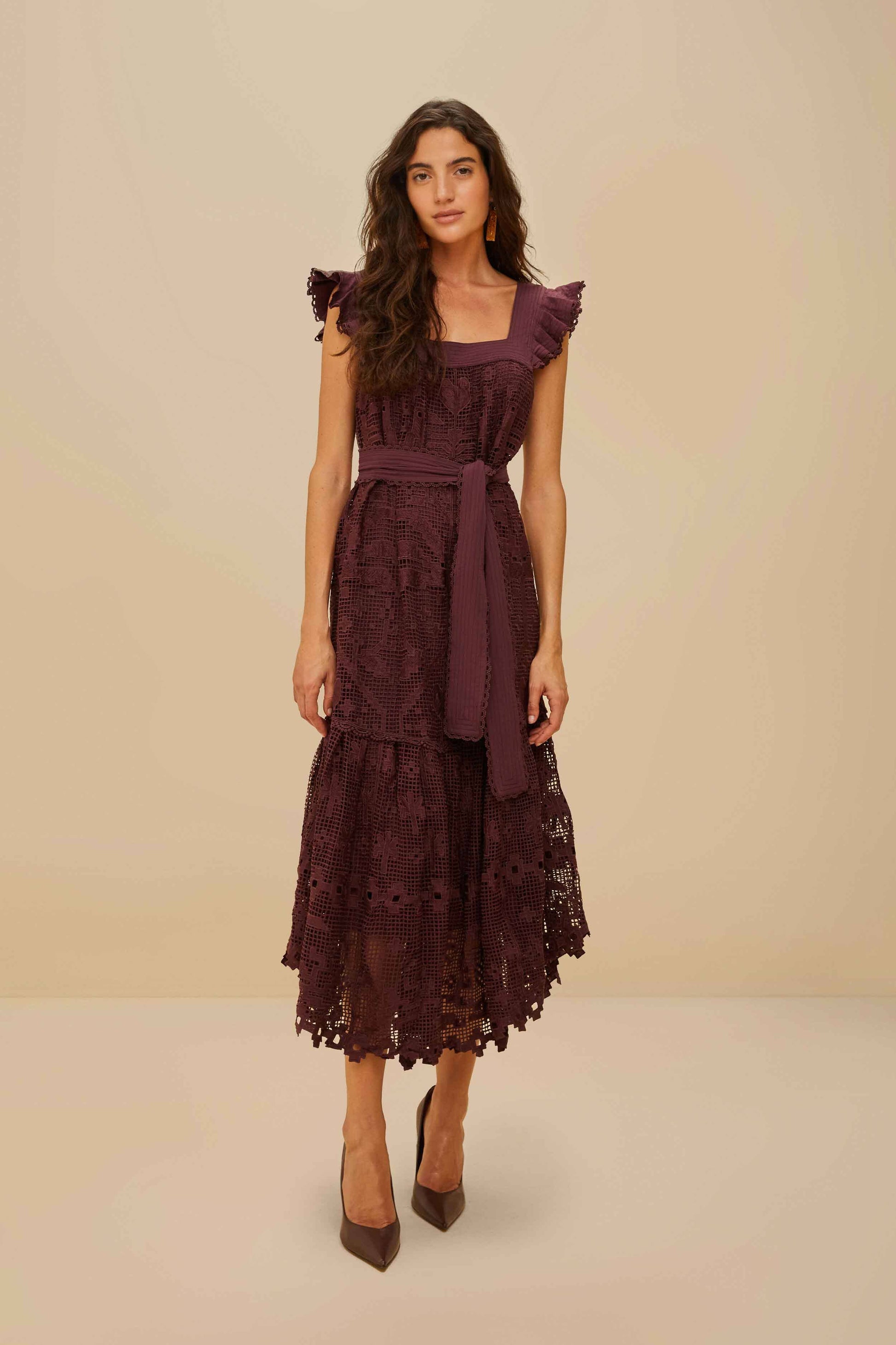  Brown Pineapple Guipure Midi Dress