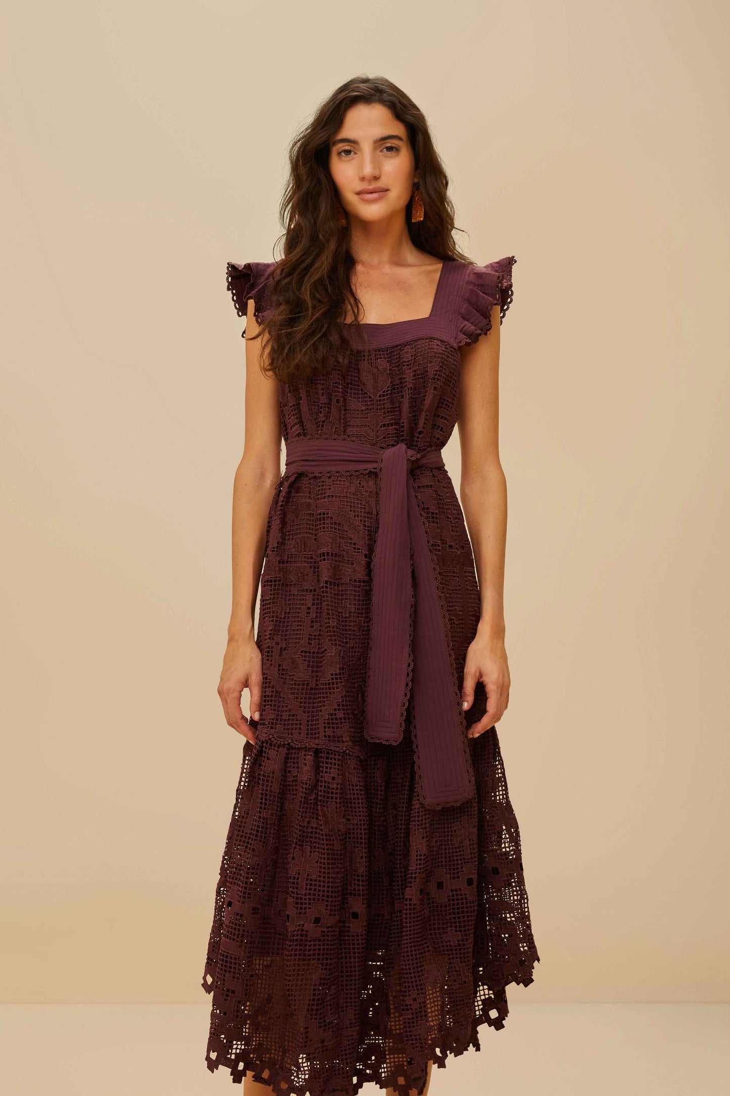  Brown Pineapple Guipure Midi Dress