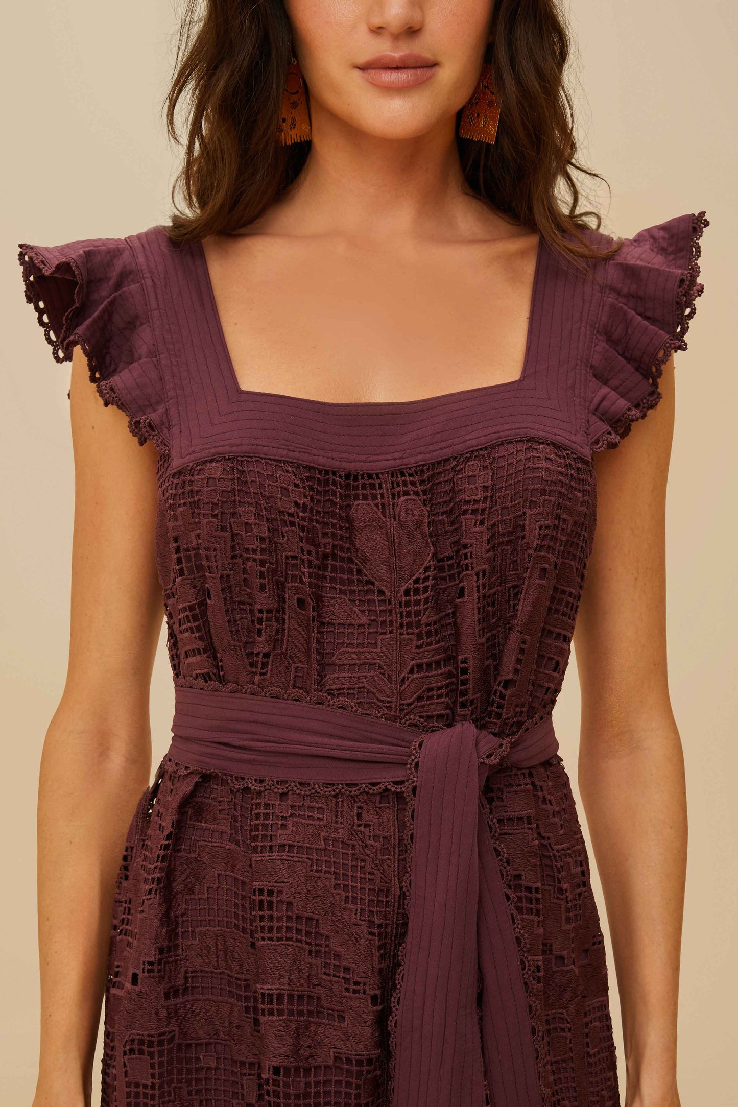  Brown Pineapple Guipure Midi Dress